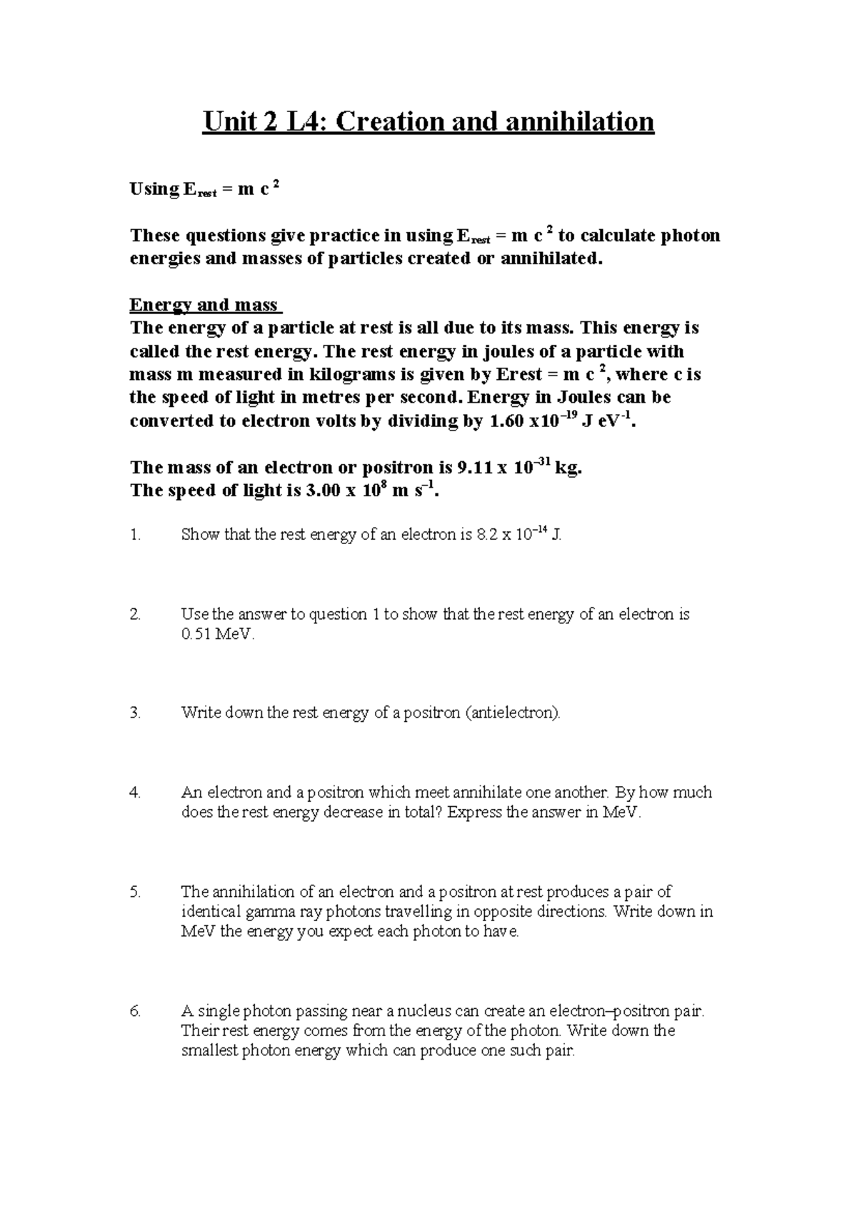 Annihilation and Pair production worksheet - Unit 2 L4: Creation and ...