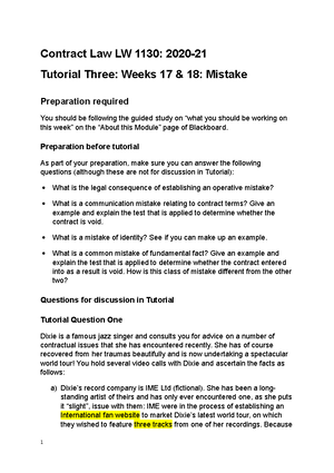 Contract Law 2021-22 Tutorial 3 LW1130- Mistake - Contract Law LW 1130: ...