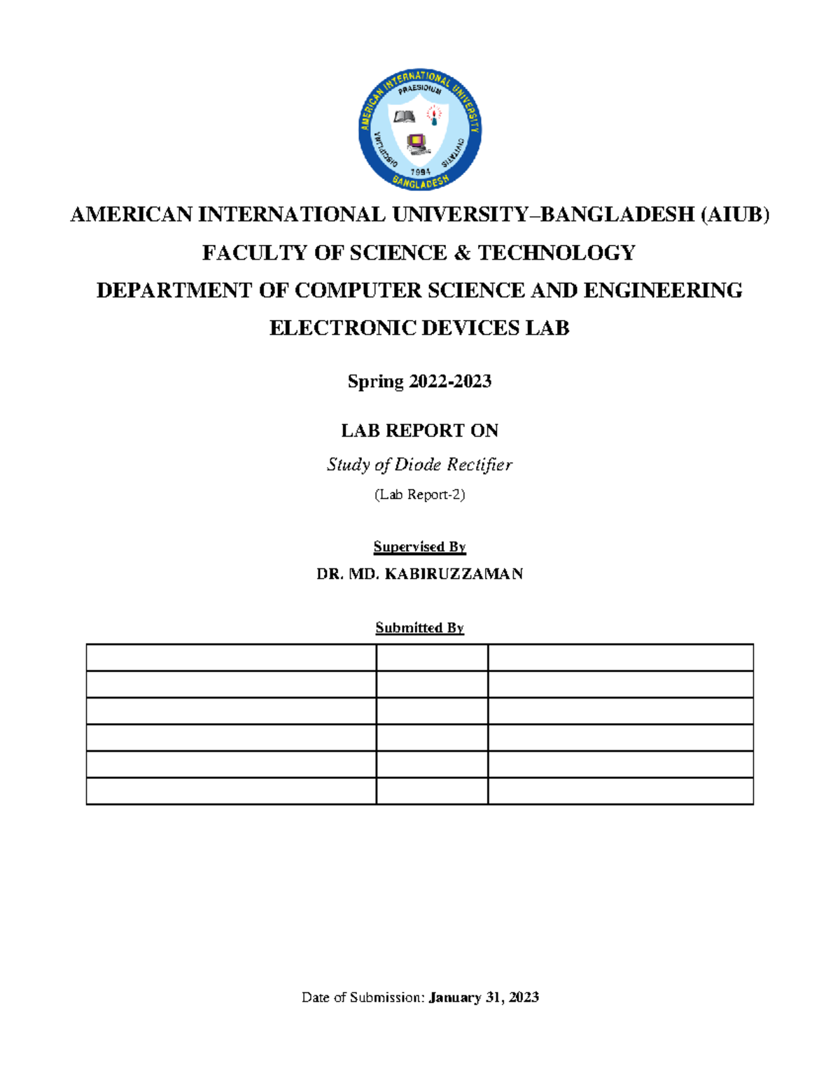 Study of Diode Rectifier Lab Report AMERICAN INTERNATIONAL UNIVERSITY