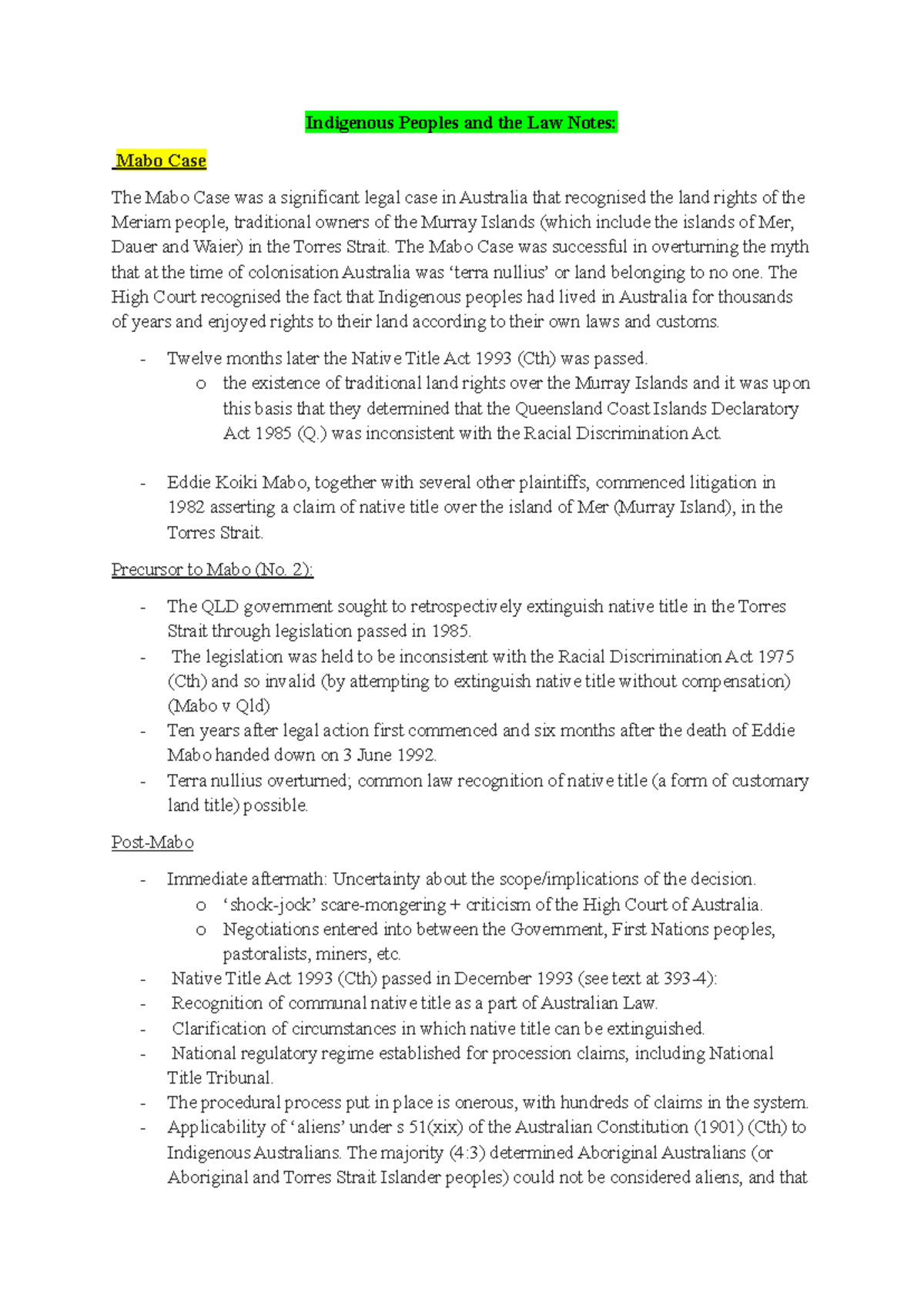 EOY Foundations - End of year notes - Indigenous Peoples and the Law ...
