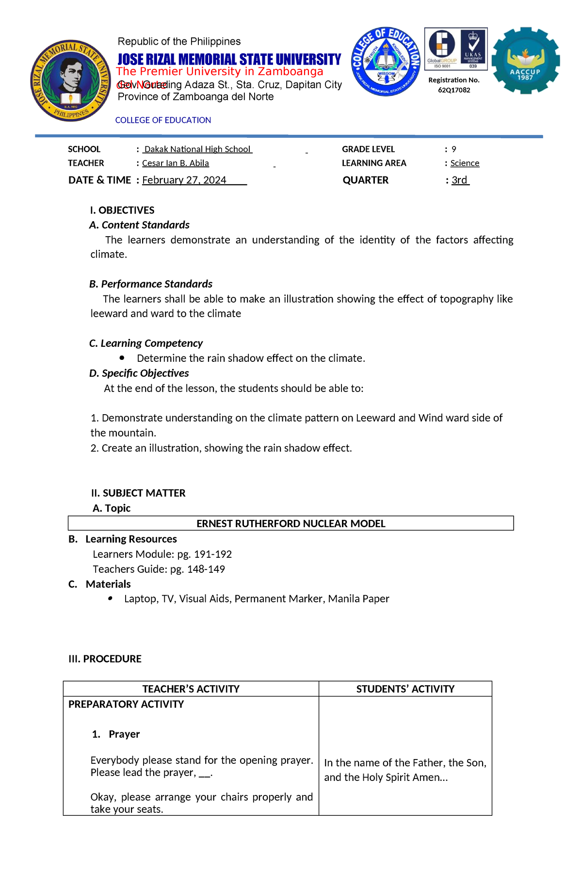 Leeward, wind ward - Free Lesson Plan Template for Science Teachers ...