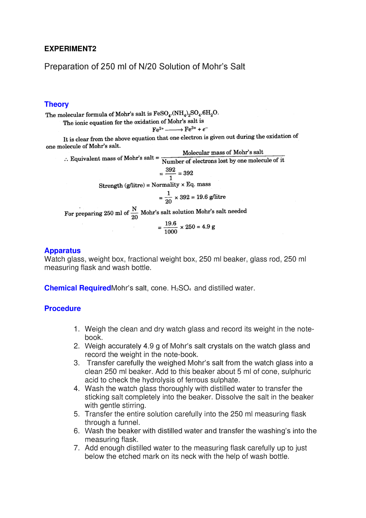 Cls12 Practical Notes 2 Experiment Preparation Of 250 Ml Of N20 Solution Of Mohrs Salt 