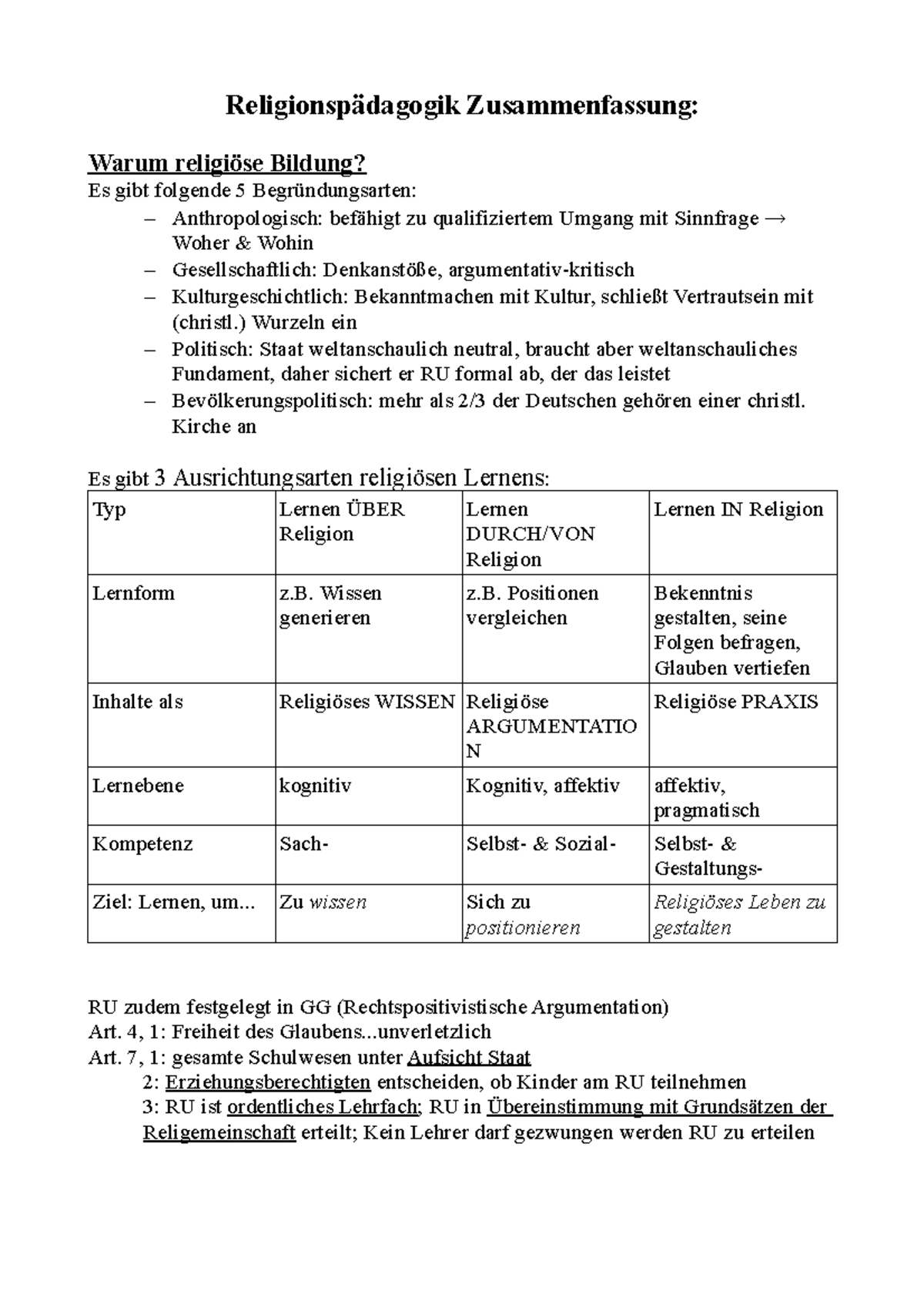 Religionspädagogik Zmfs - Religionspädagogik Zusammenfassung: Warum ...