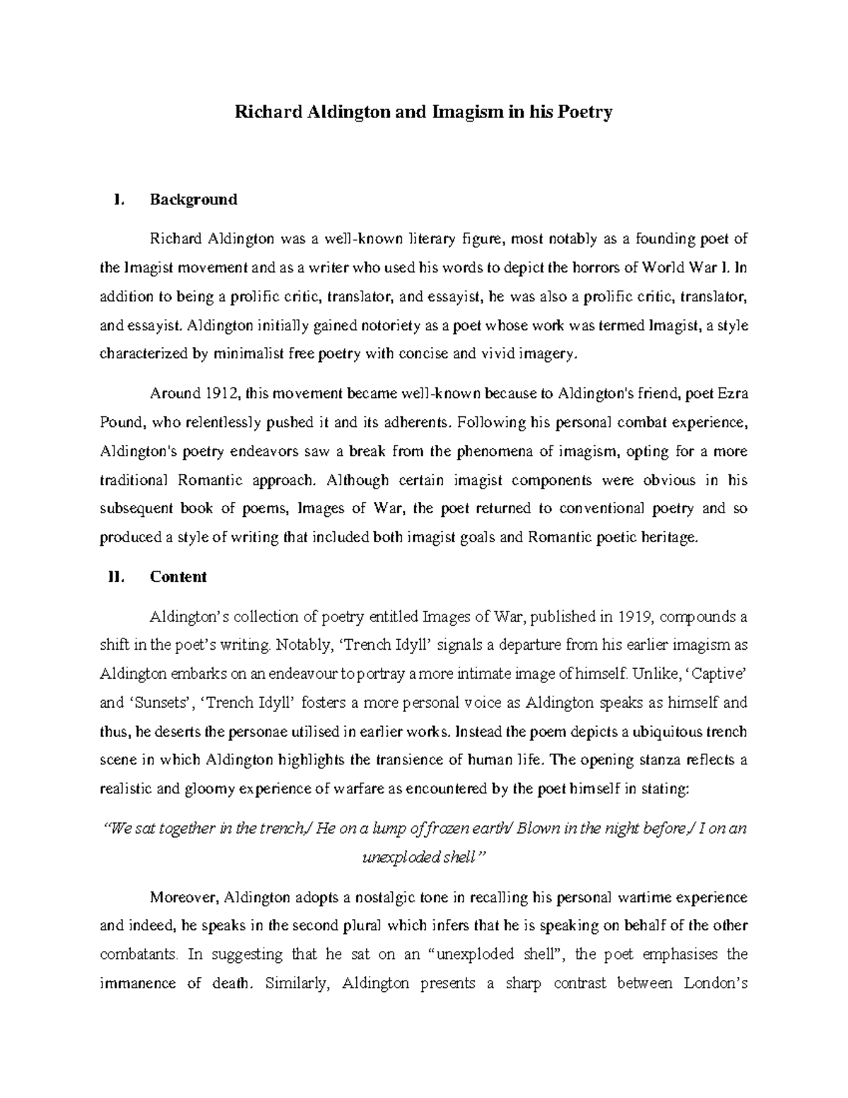 Richard Aldington and Imagism in his Poetry Background Richard