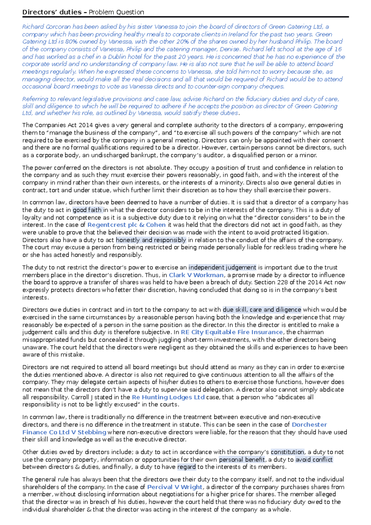 Directors Duties Essay Directors Duties Problem Question Richard Corcoran Has Been Asked By His Studocu