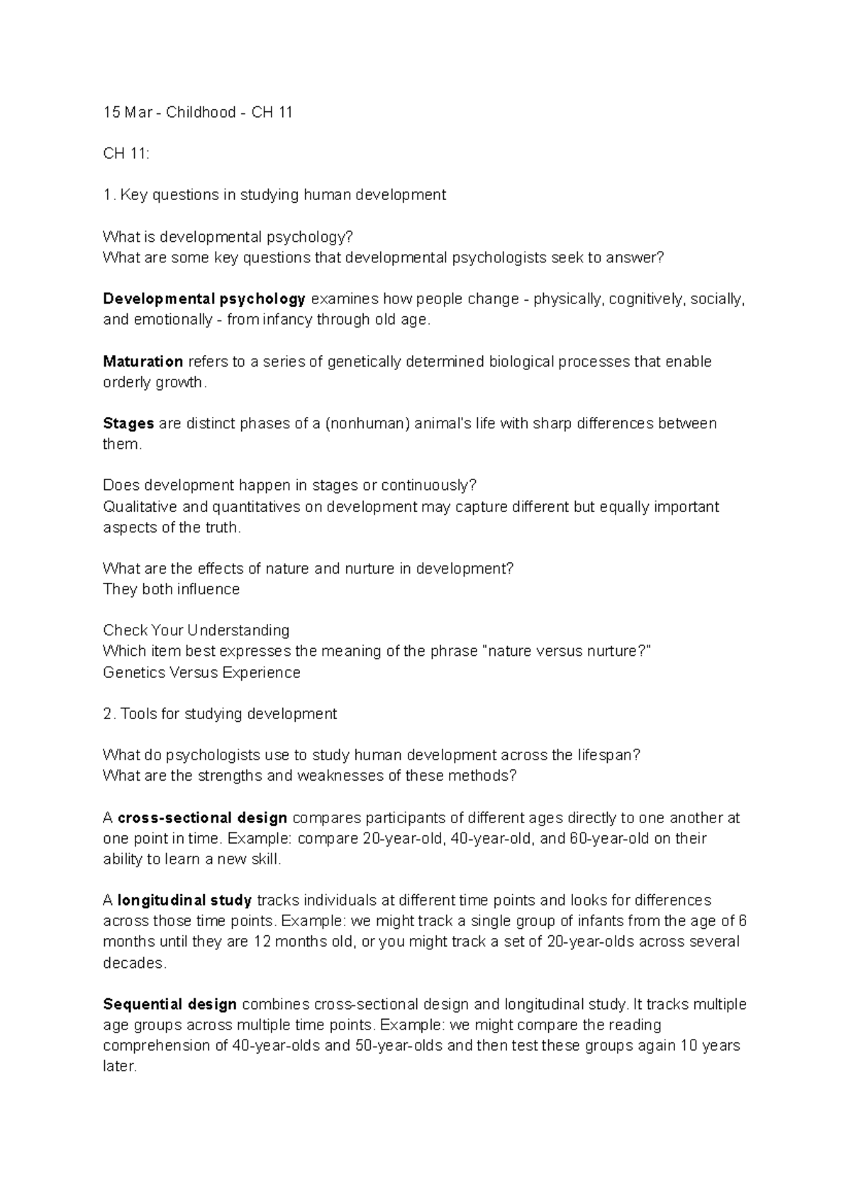 Exam 3 prep Psych 101 - prof Hard - 15 Mar - Childhood - CH 11 CH 11 ...