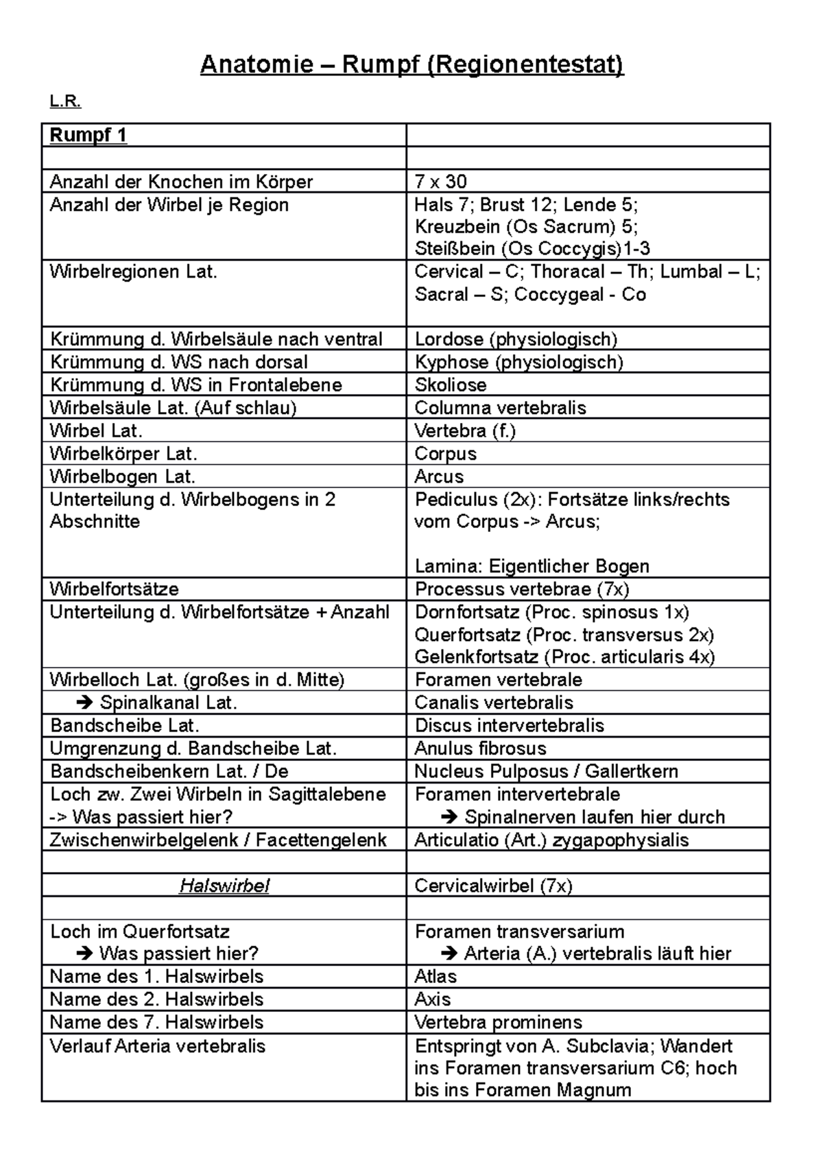 Anatomie - R zusammenfassung - Anatomie – Rumpf (Regionentestat) L ...
