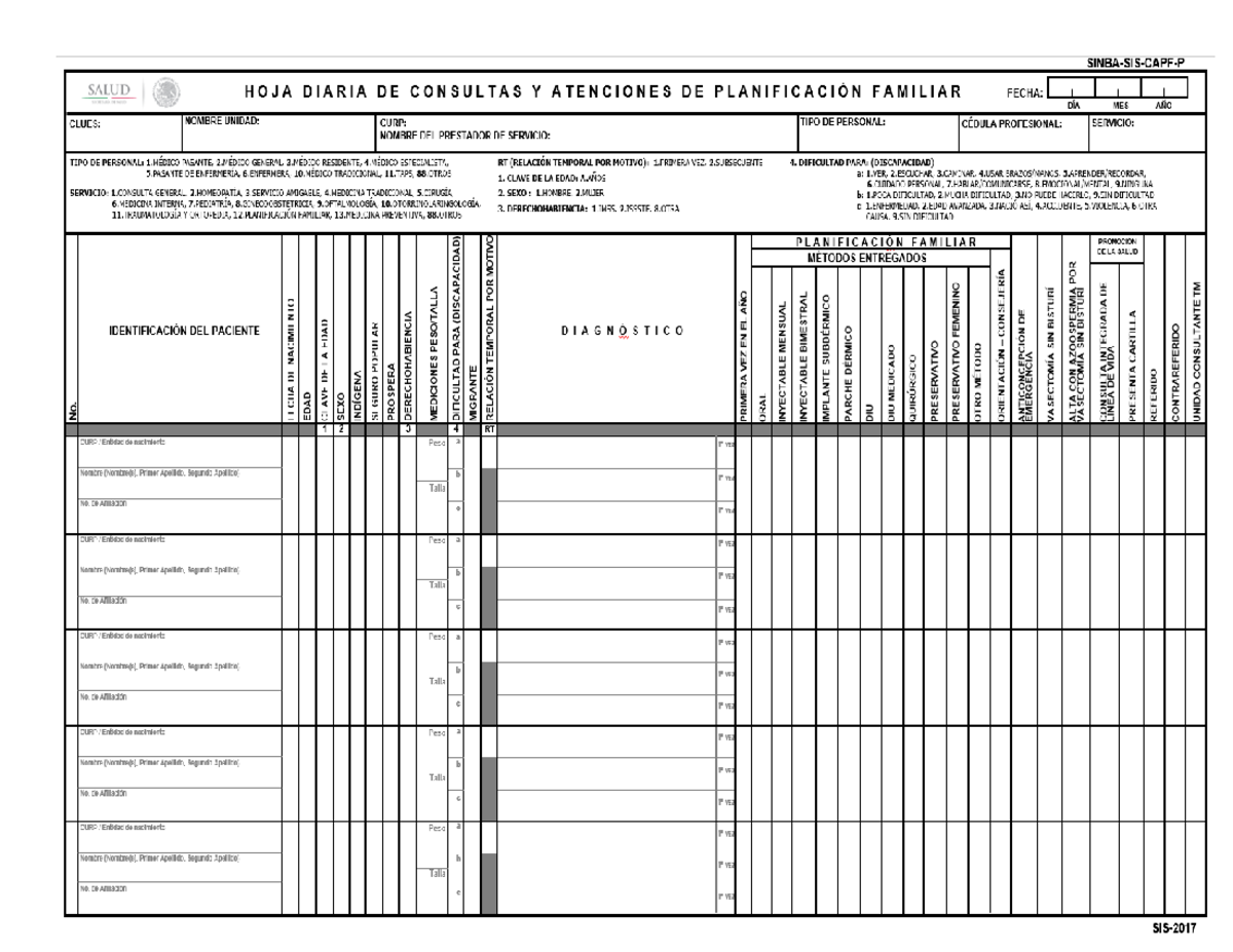 Hoja Diaria De Consulta Y Planificacion Familiar Medicina Familiar