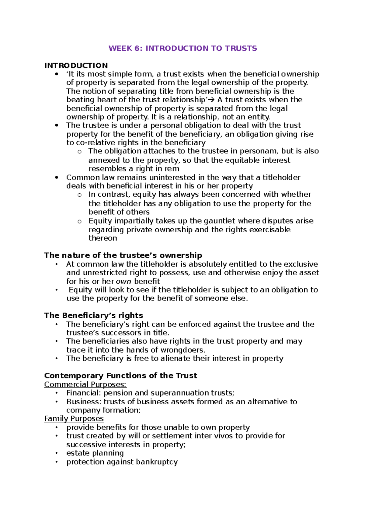 WEEK 6- introduction to trusts - WEEK 6: INTRODUCTION TO TRUSTS ...