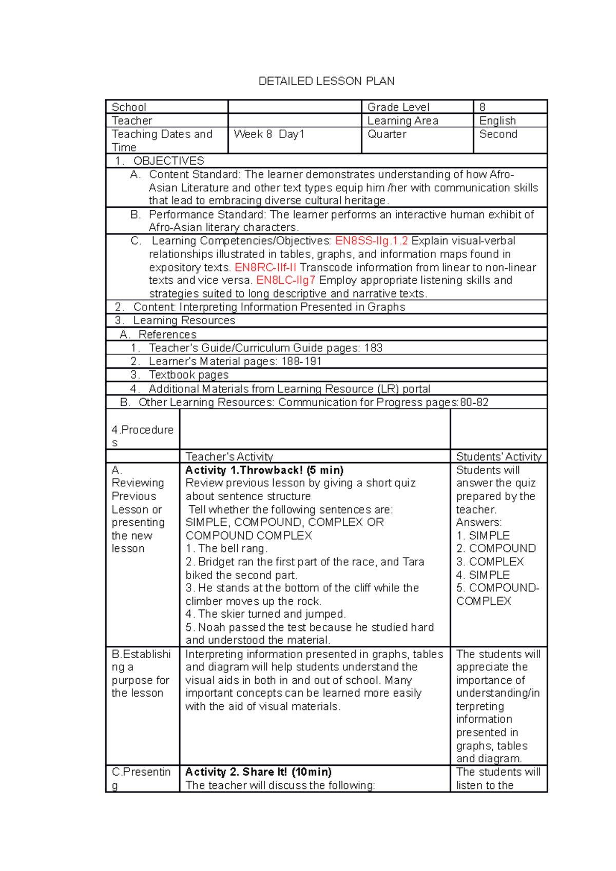 Dlp Wk8 Day - Daily Lesson Plan In English Week 2 - Detailed Lesson 