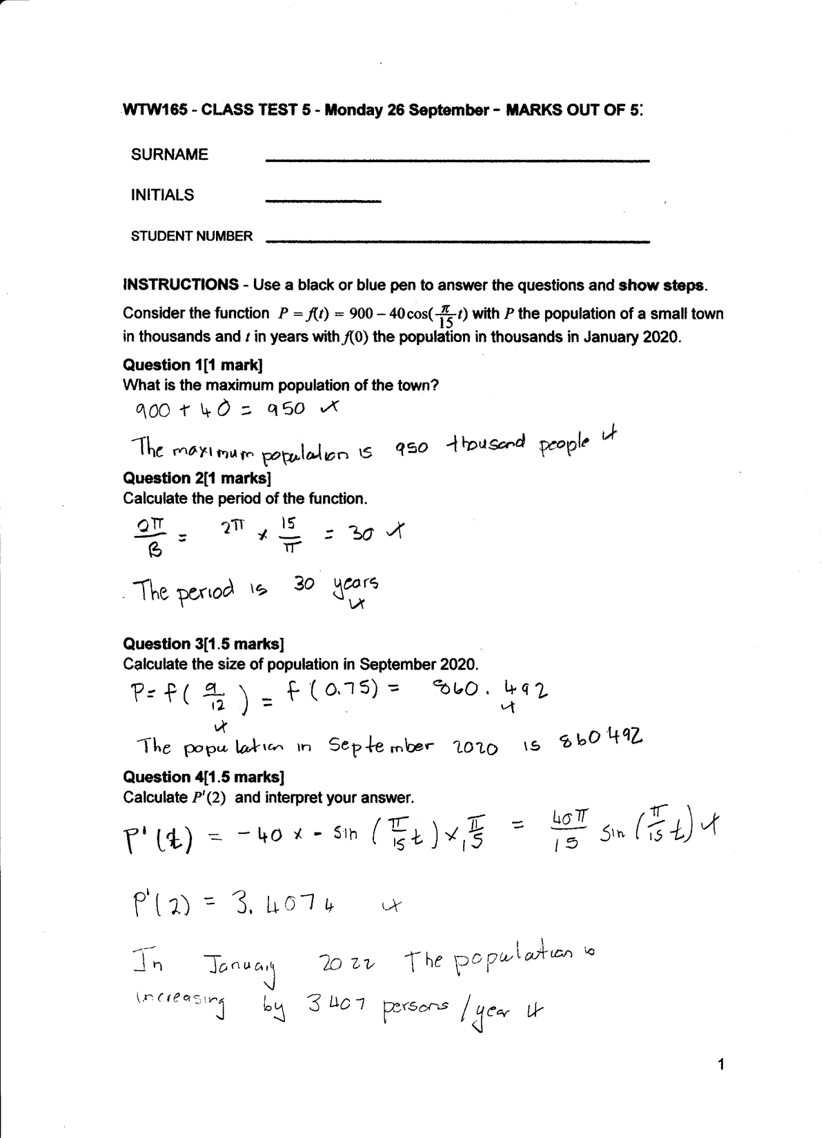 Class Test 5 Memos Wtw 165 Studocu