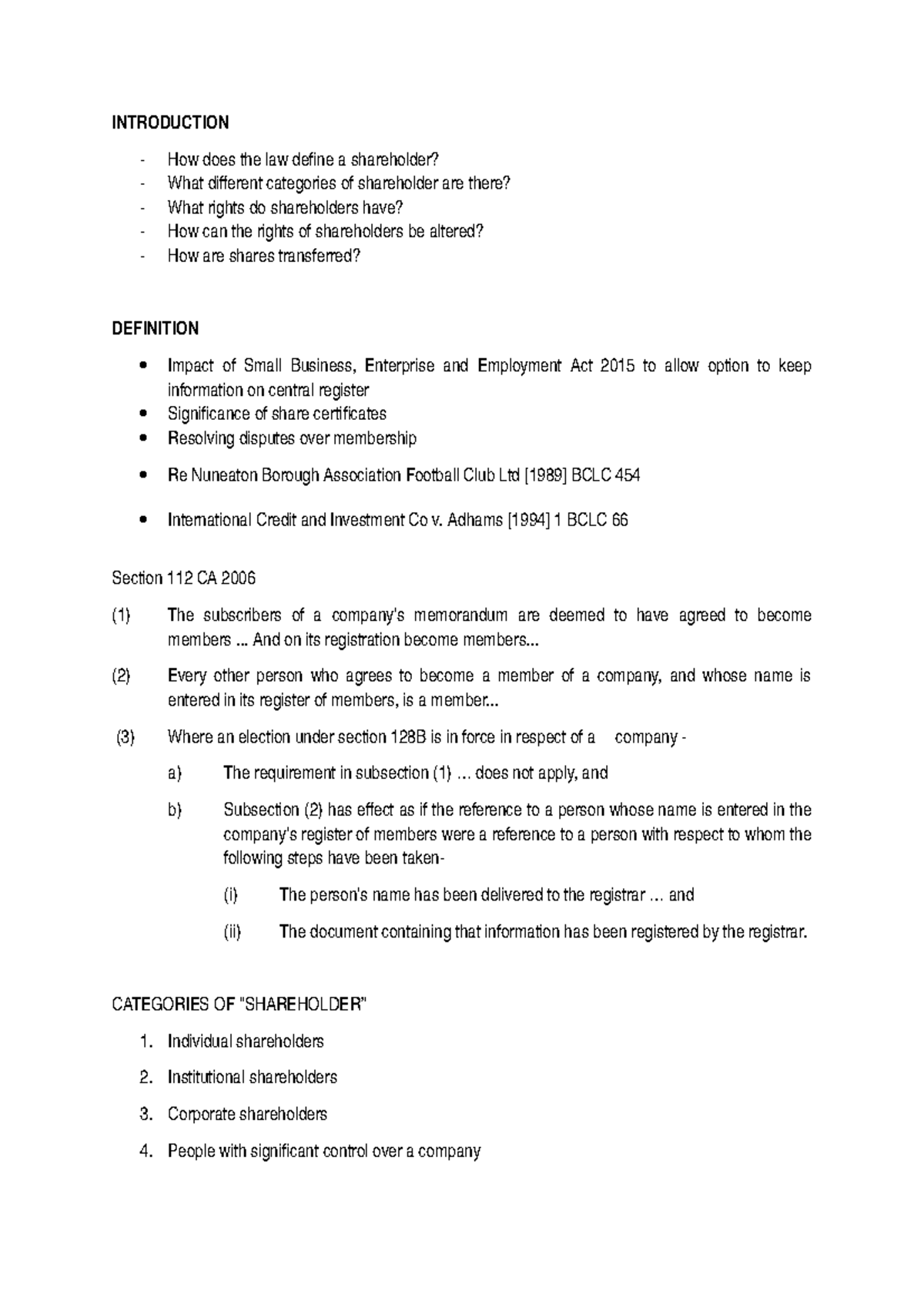 4.5 Shareholders and Decision Making INTRODUCTION How does the law