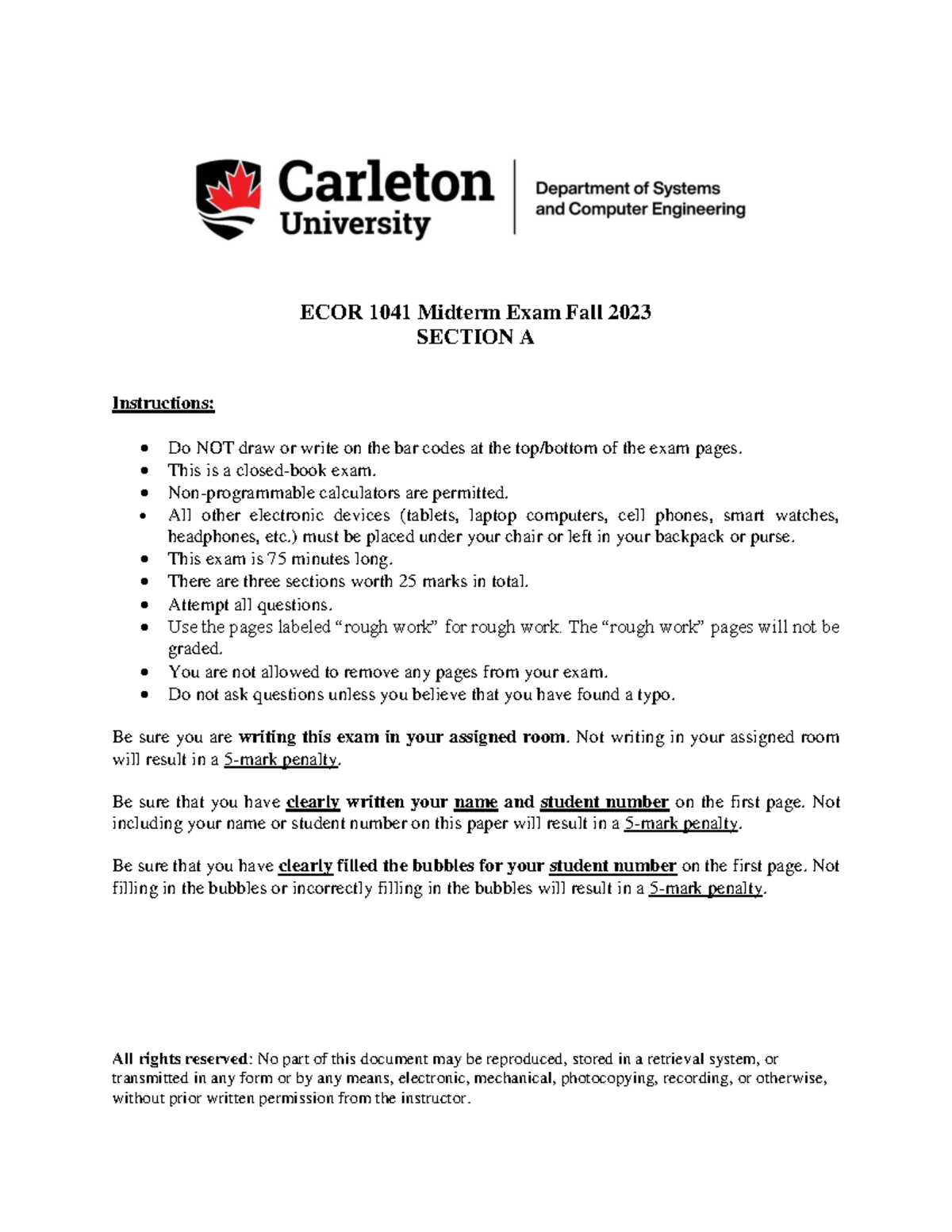 ECOR1041 Midterm Solution - ECOR 1041 Midterm Exam Fall 2023 SECTION A ...