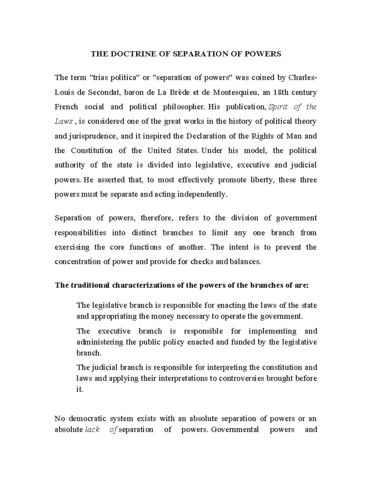 THE Doctrine OF Separation OF Powers - THE DOCTRINE OF SEPARATION OF ...