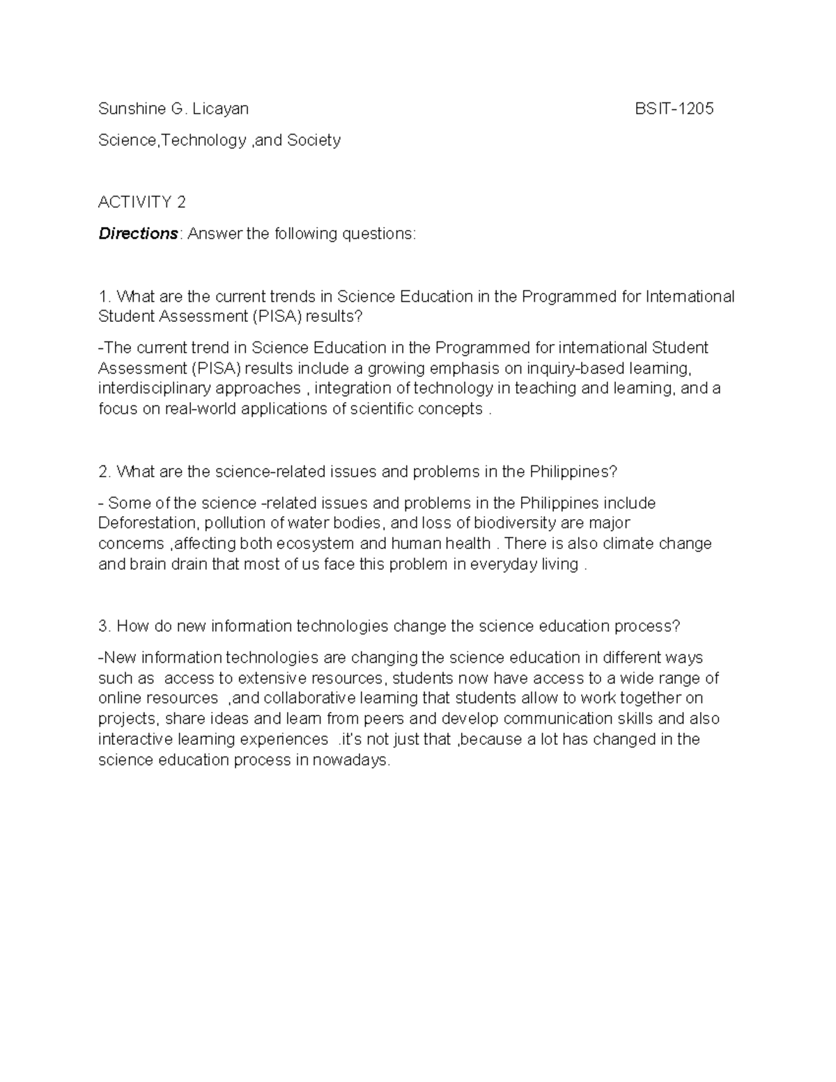 STS licayan ACT 2 - it gives more learning - Sunshine G. Licayan BSIT ...