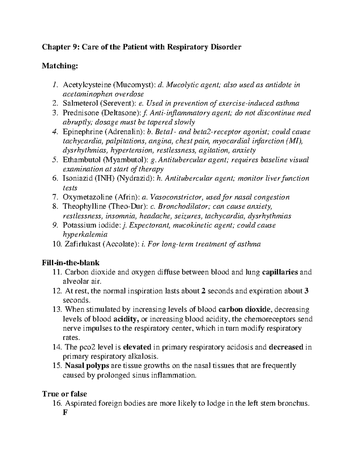 Chapter 9 Study Guide - Chapter 9: Care Of The Patient With Respiratory ...