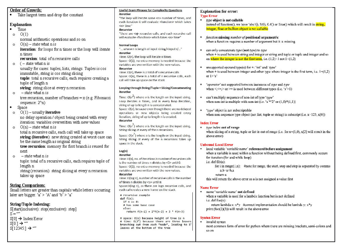 Cheatsheet - Summary Programming Methodology - Order of Growth: Take ...