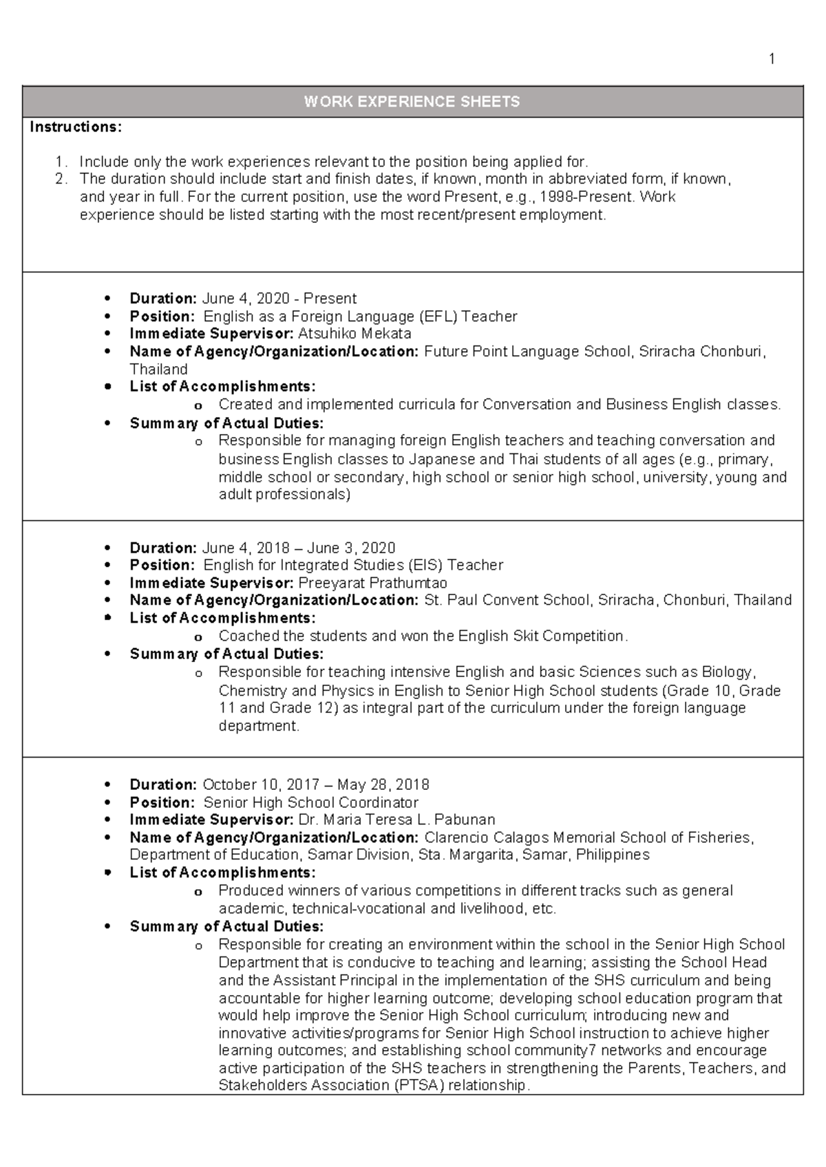 WORK Experience Sheet - A document - 1 WORK EXPERIENCE SHEETS ...