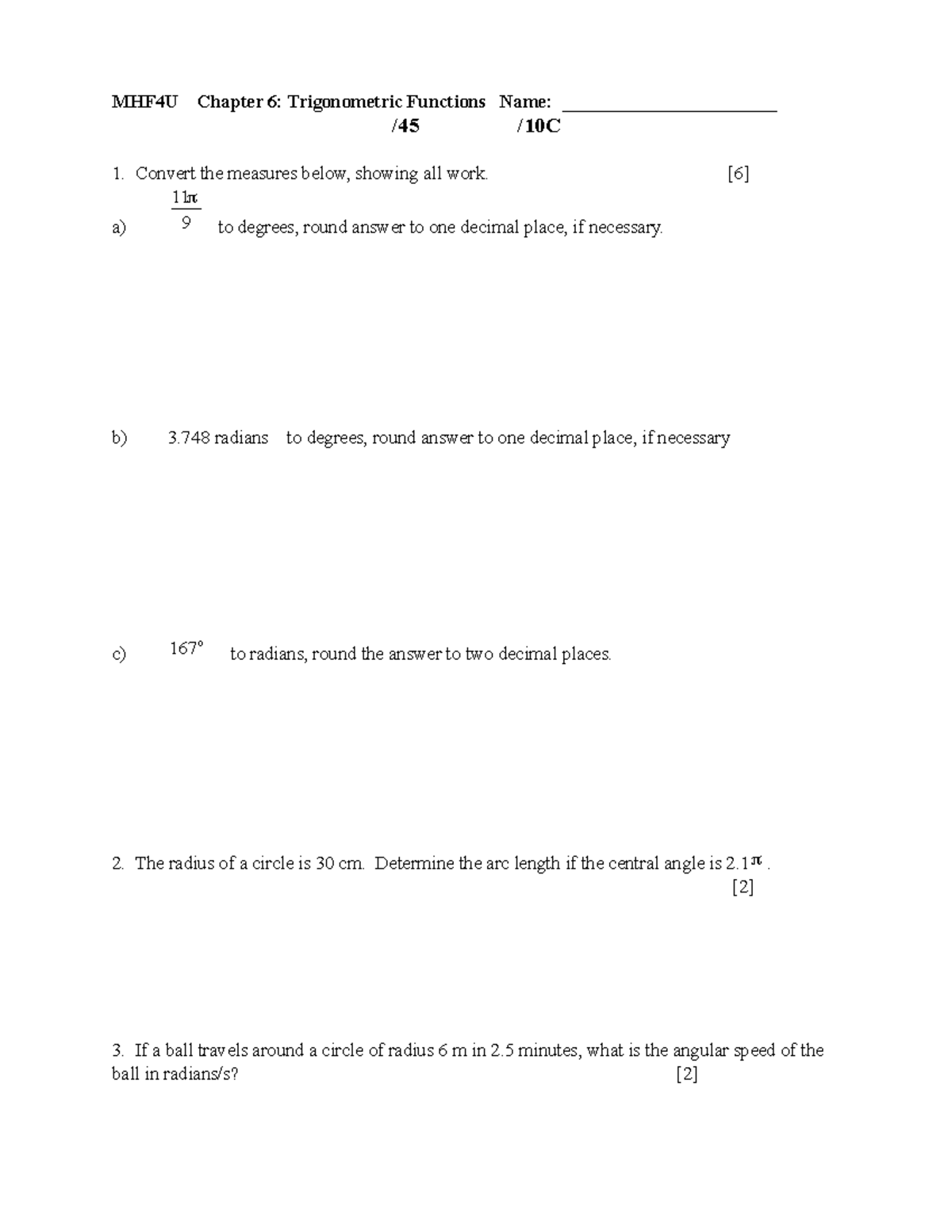 Chapter 6 Unit test Trig - MHF4U Chapter 6: Trigonometric Functions ...