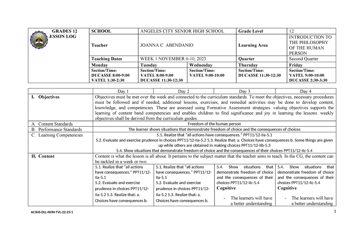 2nd quarter week 1 - notes - GRADES 12 DAILY LESSON LOG SCHOOL ANGELES ...