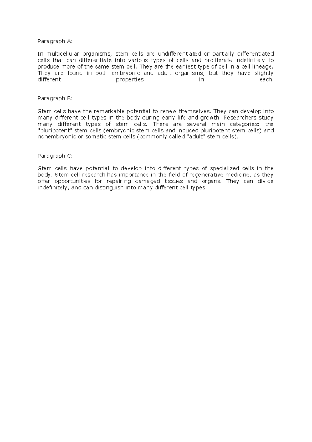 Doc 2 - general 2 week needed - Paragraph A: In multicellular organisms ...