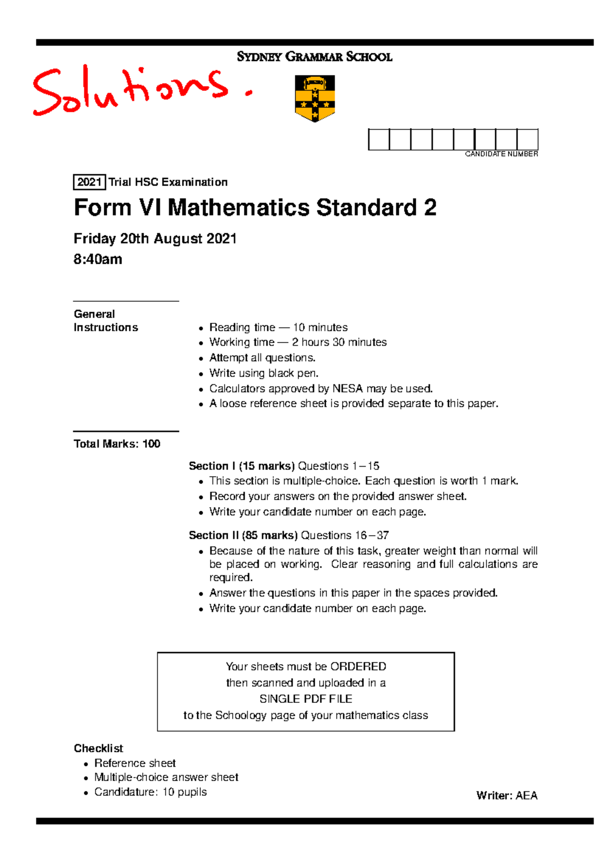 SGS 2021 Y12 STD 2 THSC - CANDIDATE NUMBER 2021 Trial HSC Examination ...