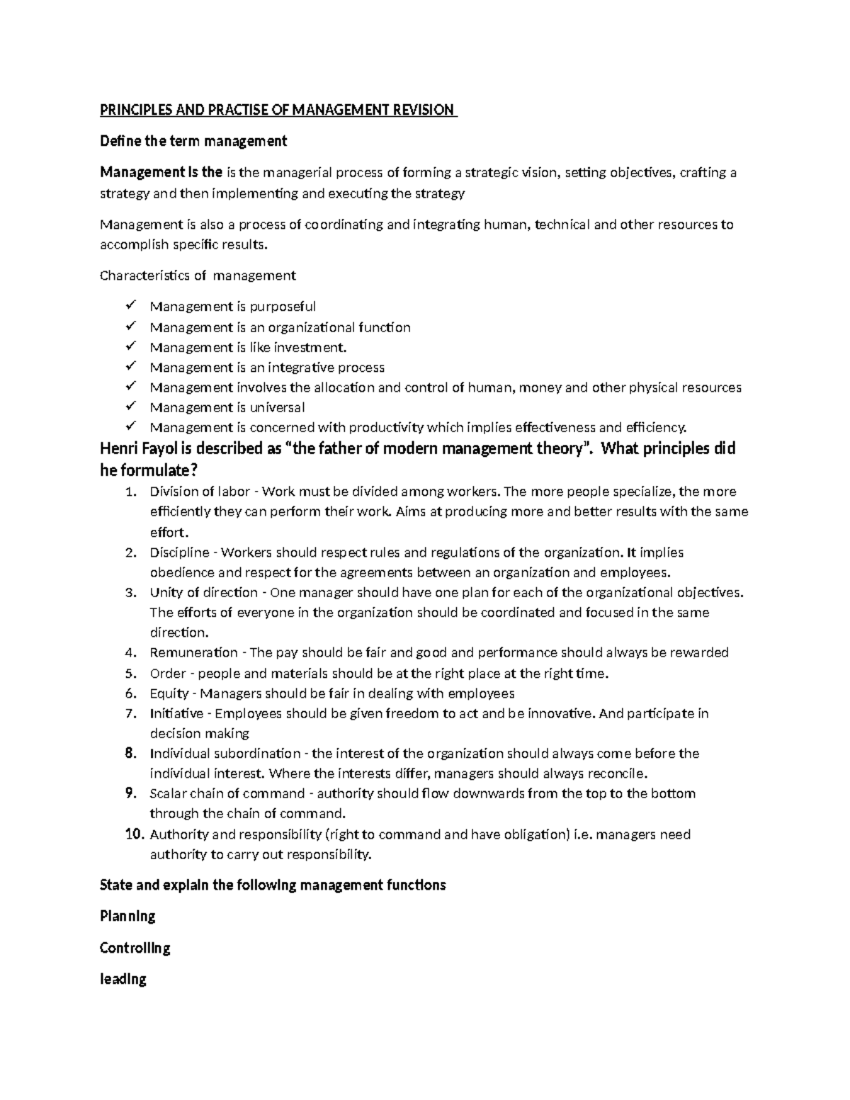 Principles AND Practise OF Management Revision - PRINCIPLES AND ...