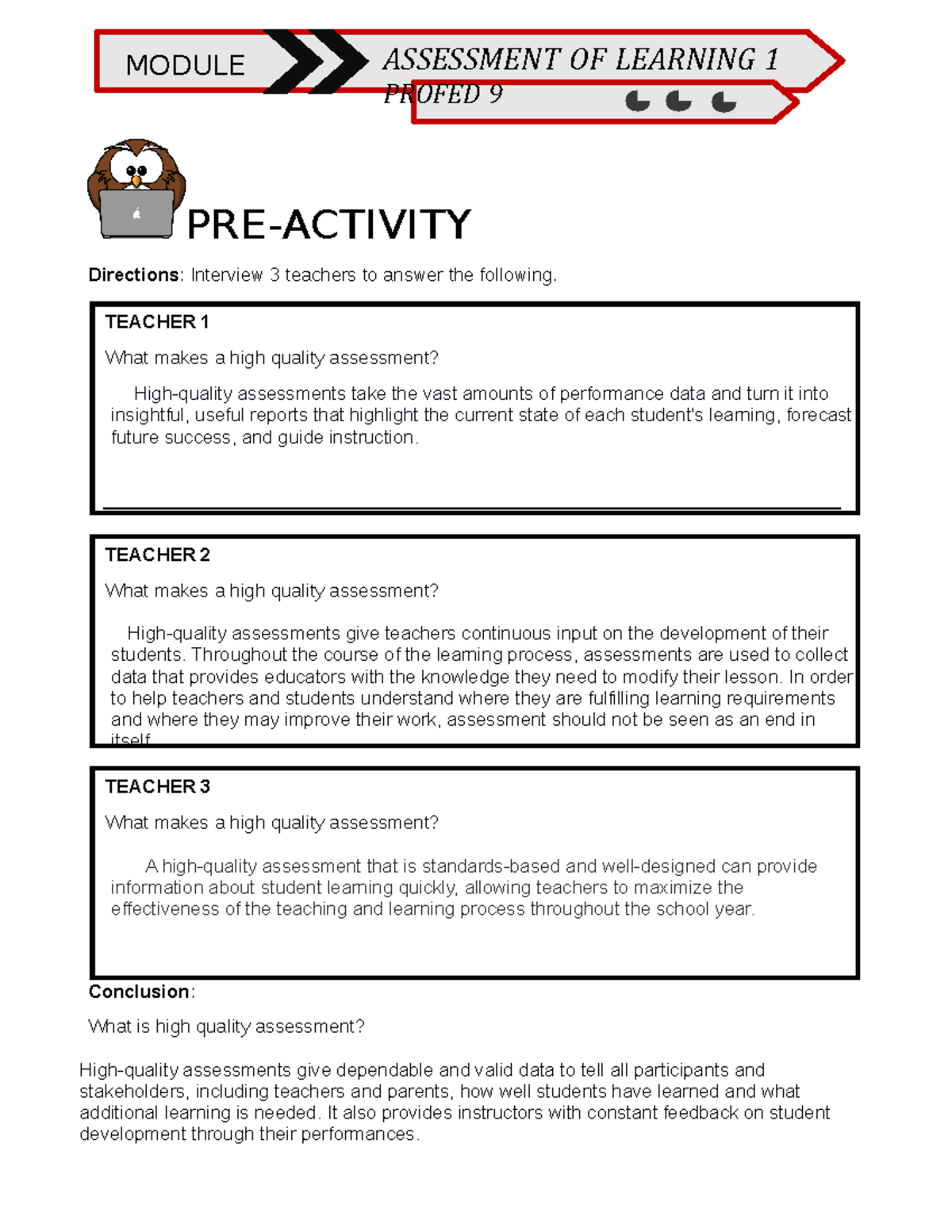 Pretest 2 - ASSESSMENT - MODULE ASSESSMENT OF LEARNING 1 PROFED 9 PRE ...