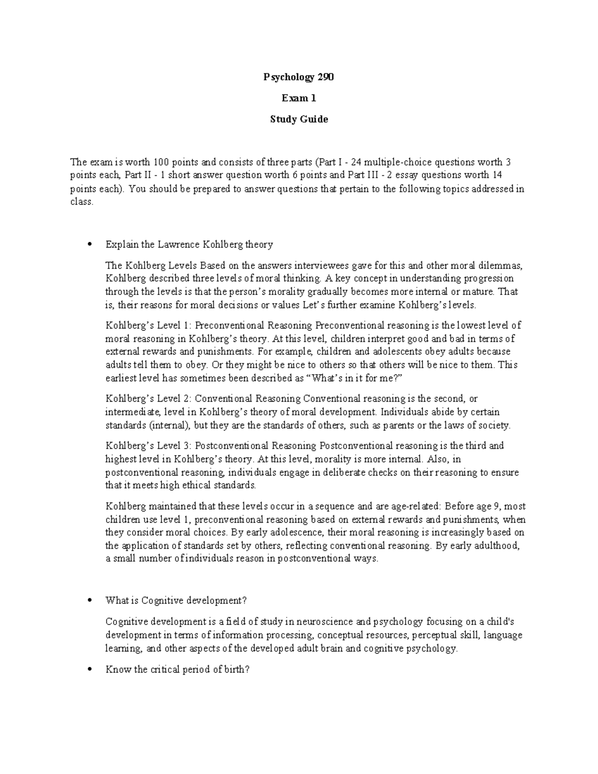 Study guide pscy - Psychology 290 Exam 1 Study Guide The exam is worth ...