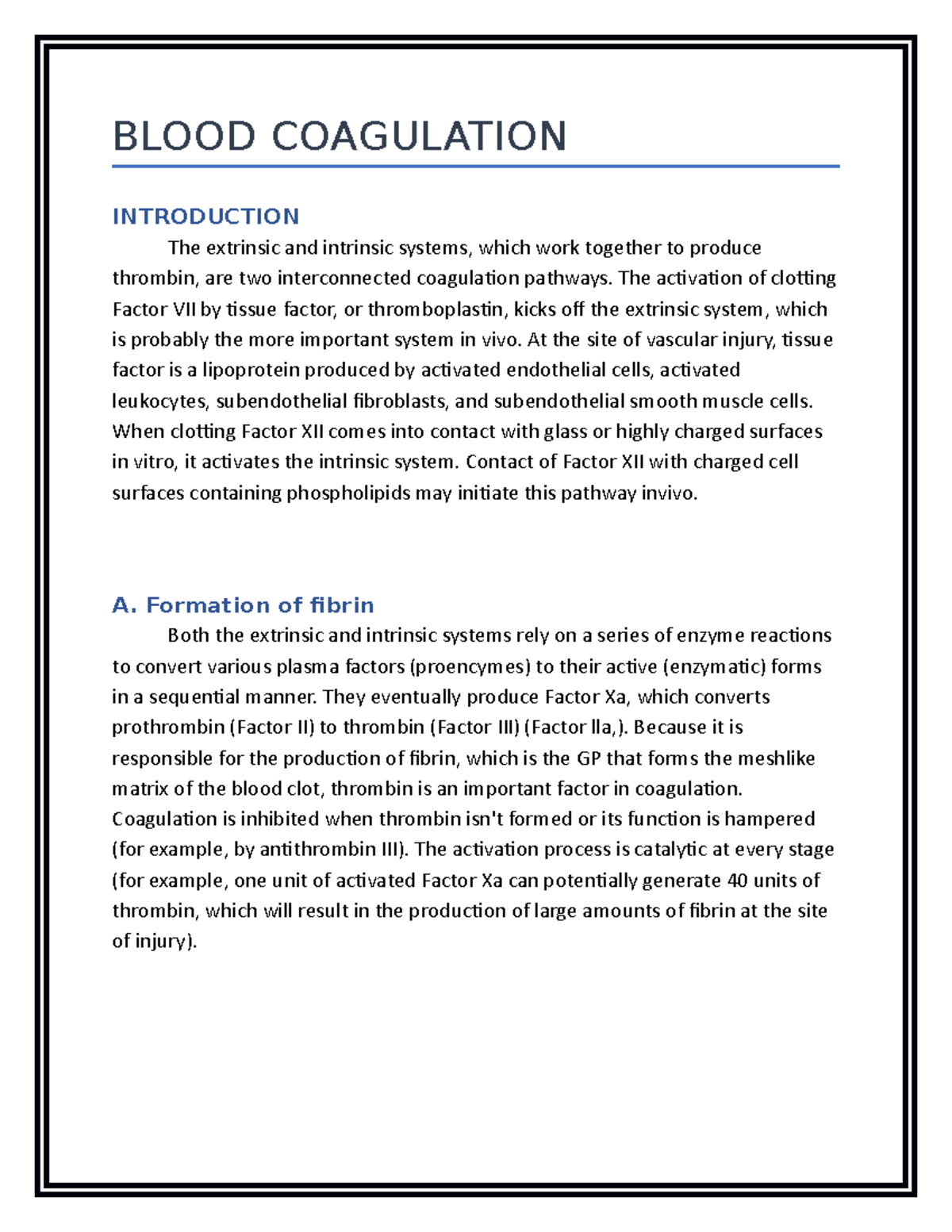 AN Overview OF Blood Coagulation - BLOOD COAGULATION INTRODUCTION The ...