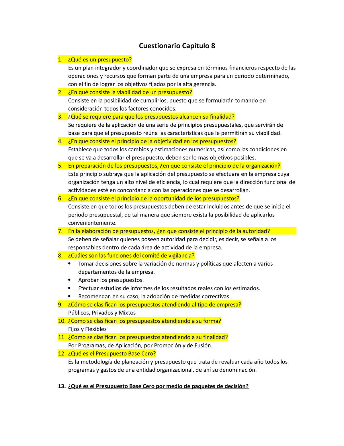 Cuestionario Cap 8 - Cuestionario Capitulo 8 ¿Qué Es Un Presupuesto? Es ...