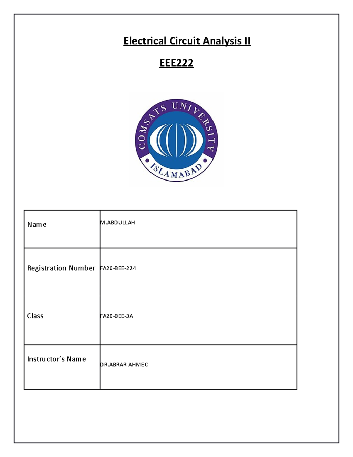 ECA 7 LAB REPORT Electrical Circuit Analysis II EEE Name M