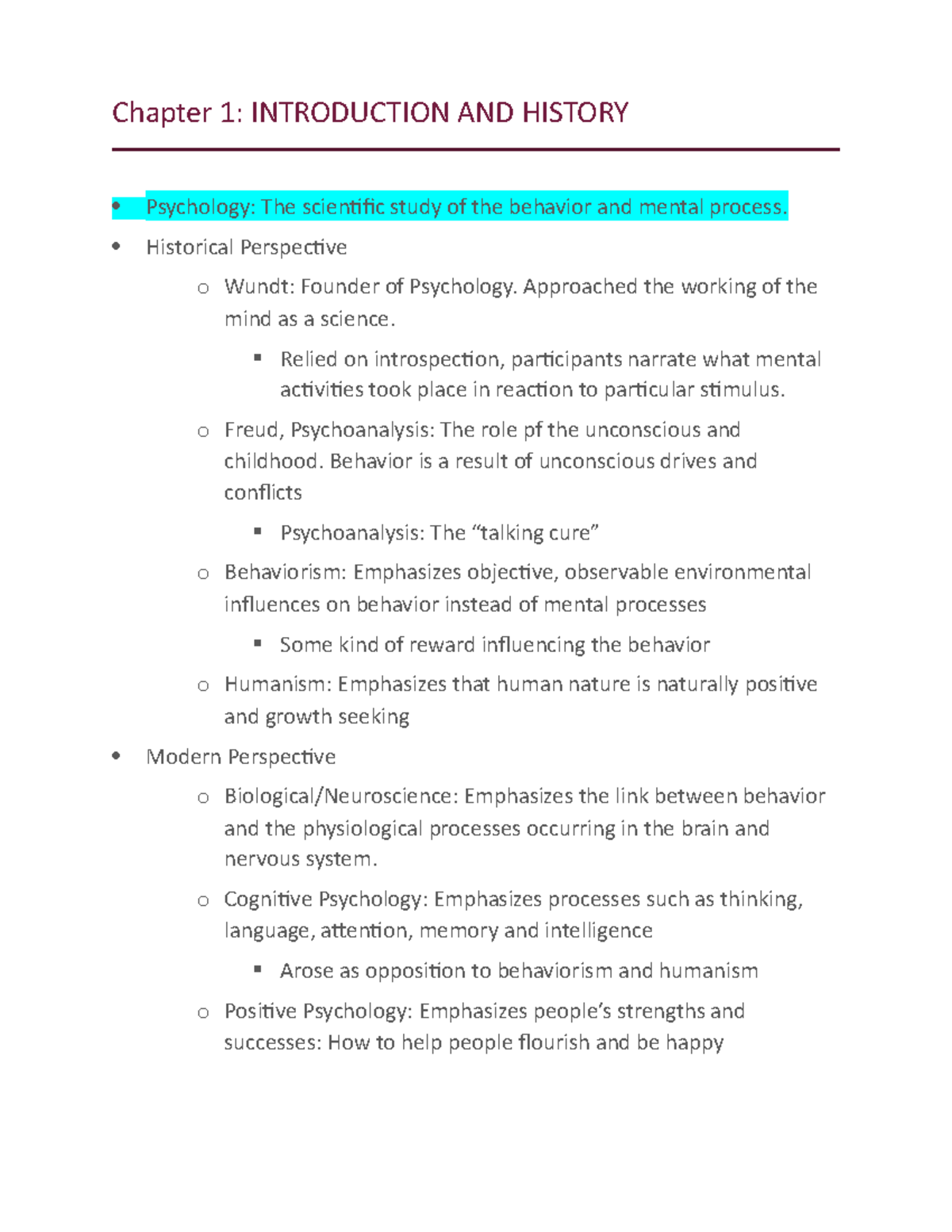 Psychology Chapter 1 Notes - Chapter 1: INTRODUCTION AND HISTORY ...