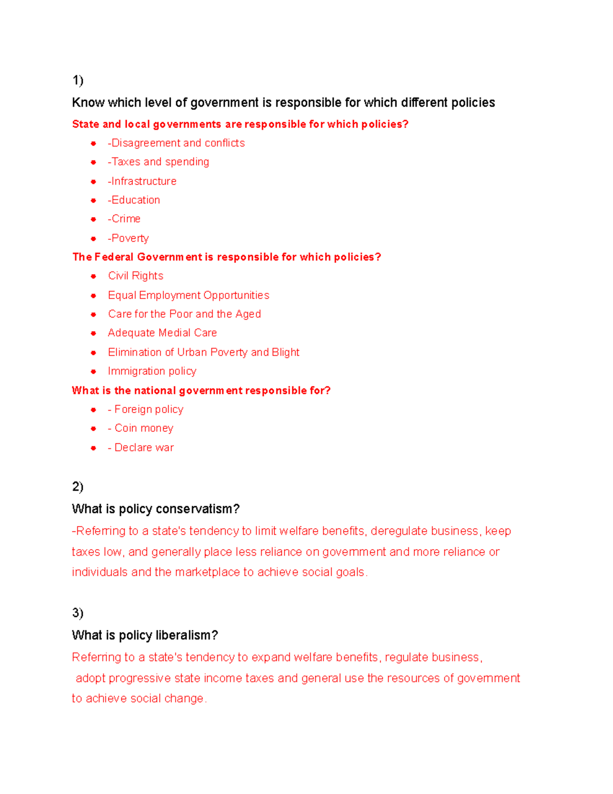 POLS Review - 1) Know which level of government is responsible for ...