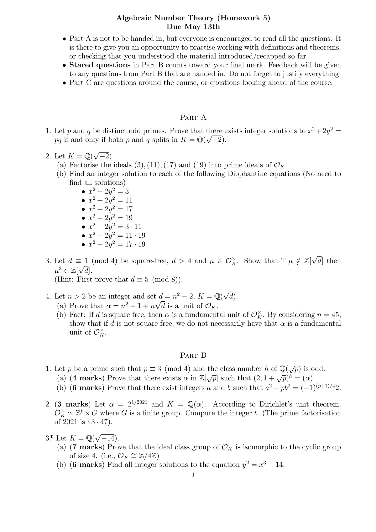 Algebraic Number Theory HW 5 - Algebraic Number Theory (Homework 5) Due ...