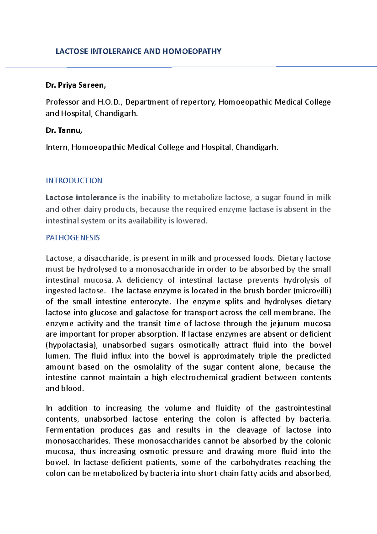 Lactose Intolerance article LACTOSE INTOLERANCE AND HOMOEOPATHY Dr