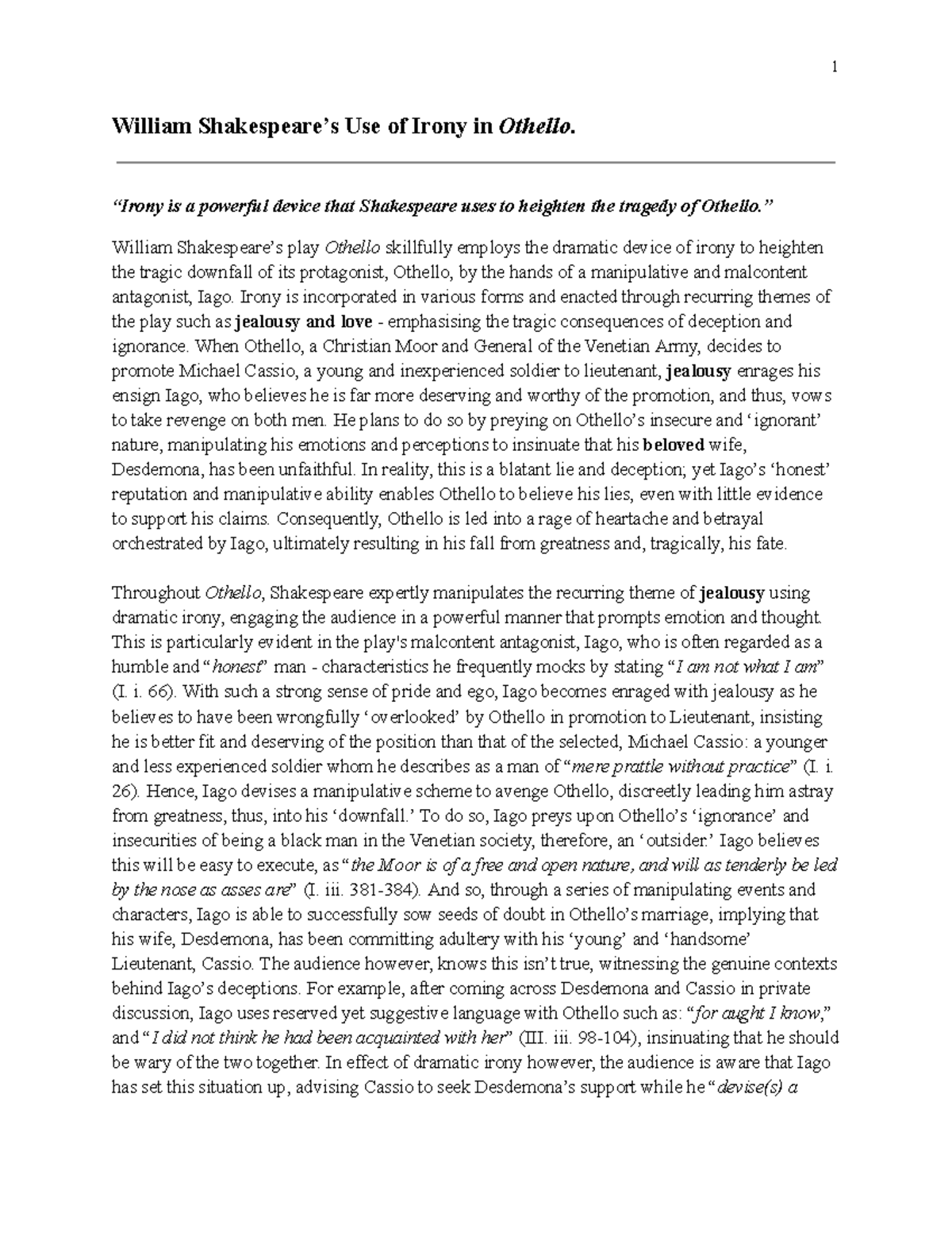 English Critical Essay Othello - 1 William Shakespeare’s Use of Irony ...
