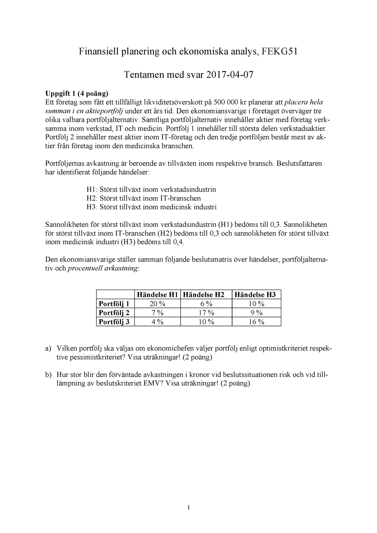 Tentamen Med Svar - 2017-04-07 - Finansiell Planering Och Ekonomiska ...