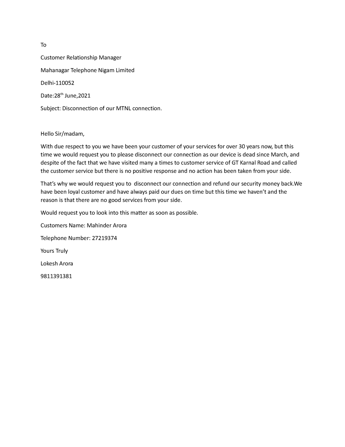 Document - To Customer Relationship Manager Mahanagar Telephone Nigam ...