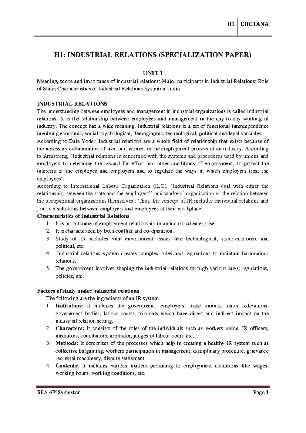 H1 UNIT 1 pdf - notes - H1: INDUSTRIAL RELATIONS (SPECIALIZATION PAPER ...
