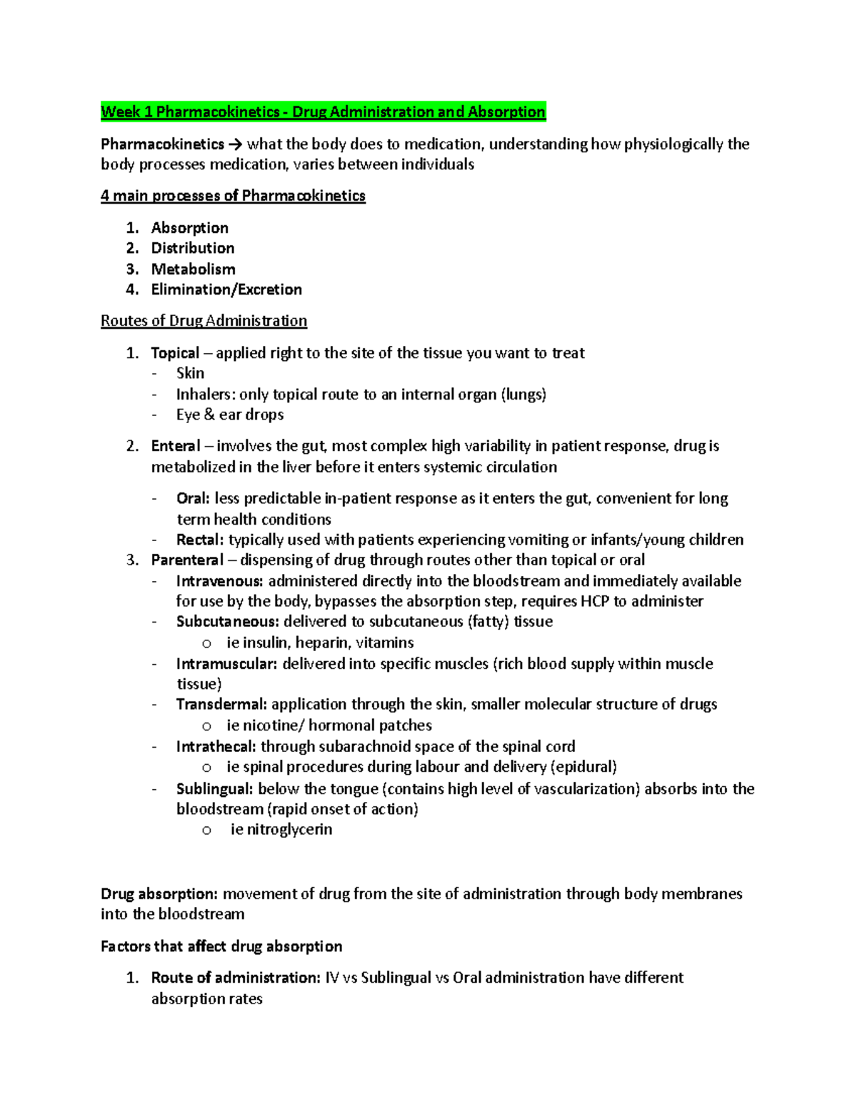 H Thsci 2H03 - Drug Aministration and Absorption - Week 1 ...