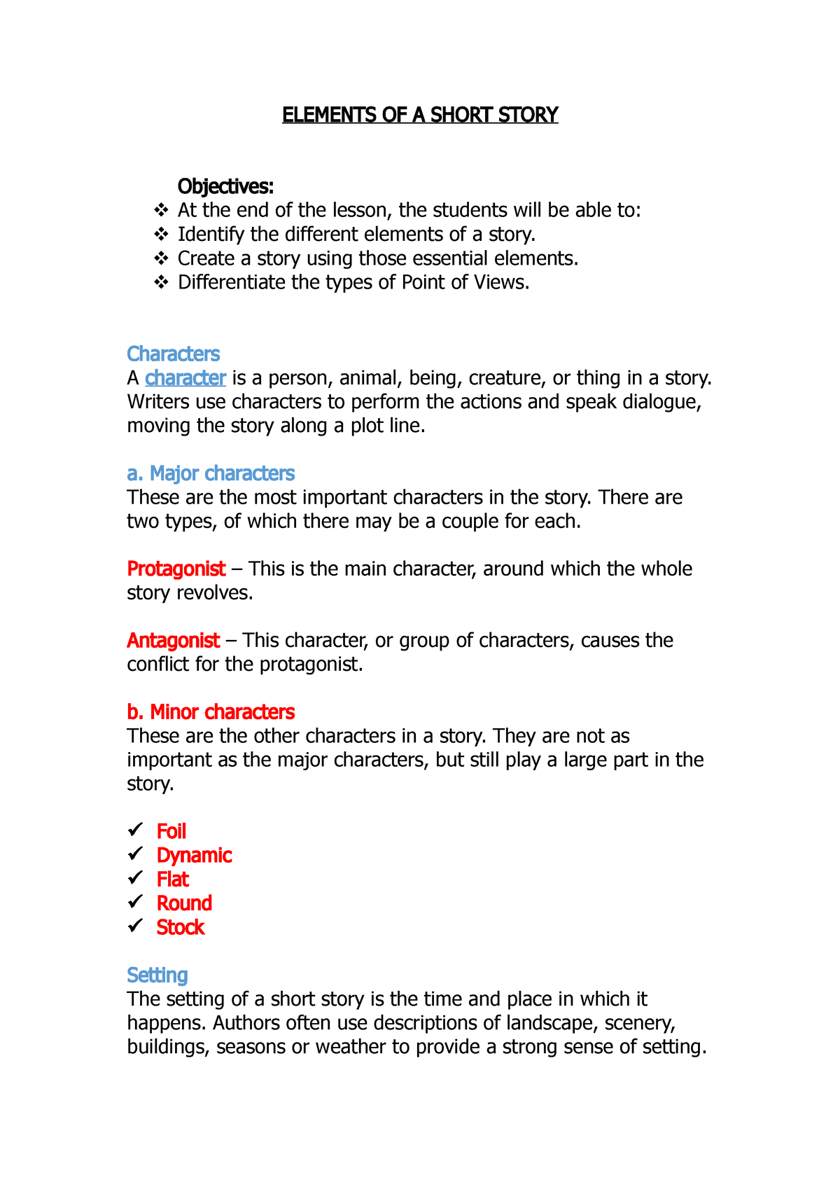 Elements Of A Short Story ELEMENTS OF A SHORT STORY Objectives At 