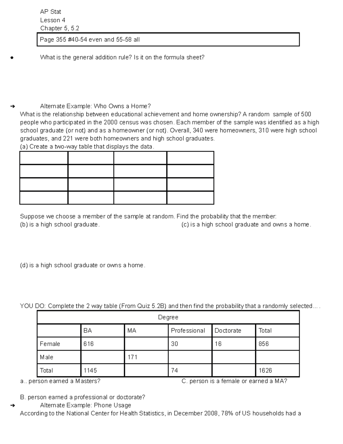 Statistics Chapter 5 Lesson 4 Probability Rules - AP Stat Lesson 4 ...