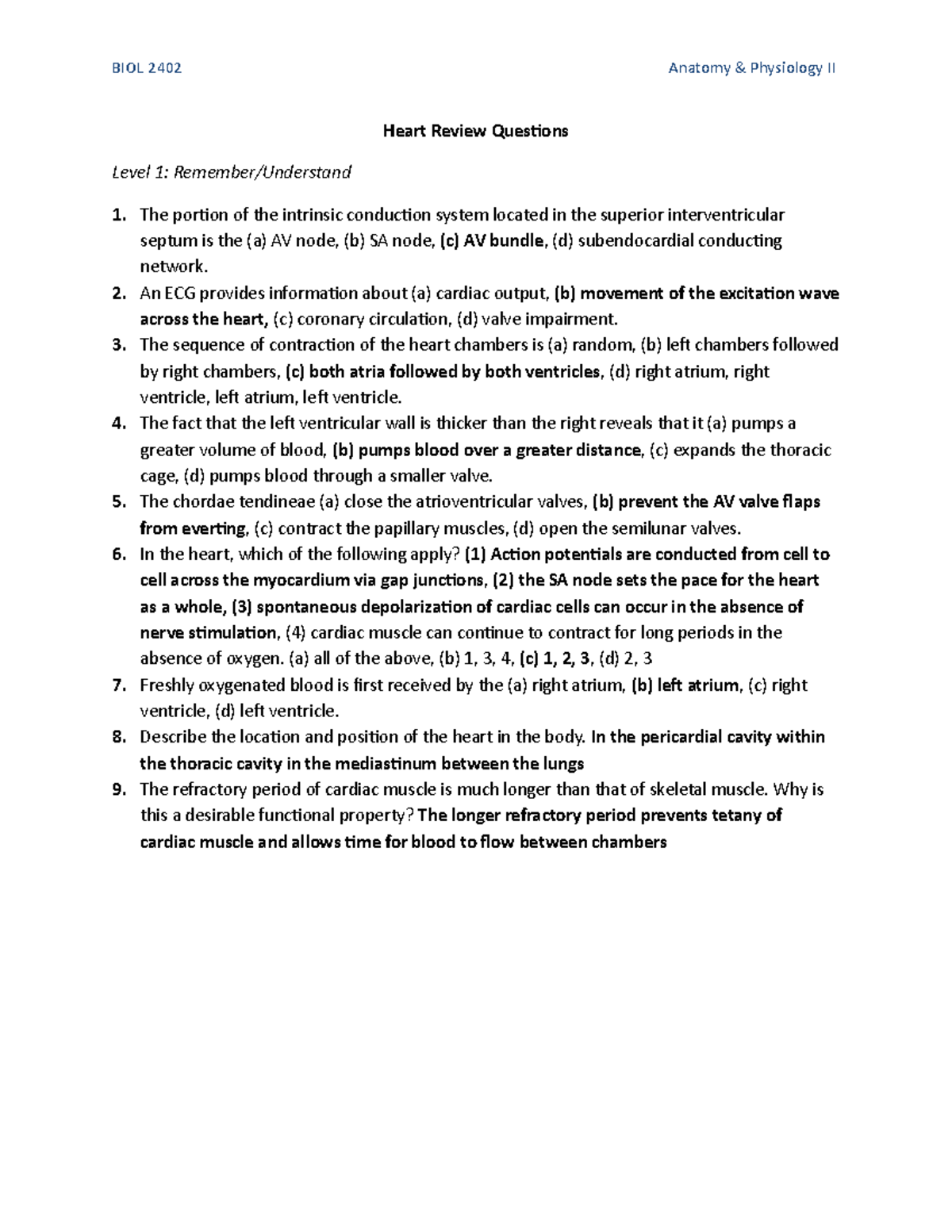 Heart Review Questions and Answers Heart Review Questions Level 1