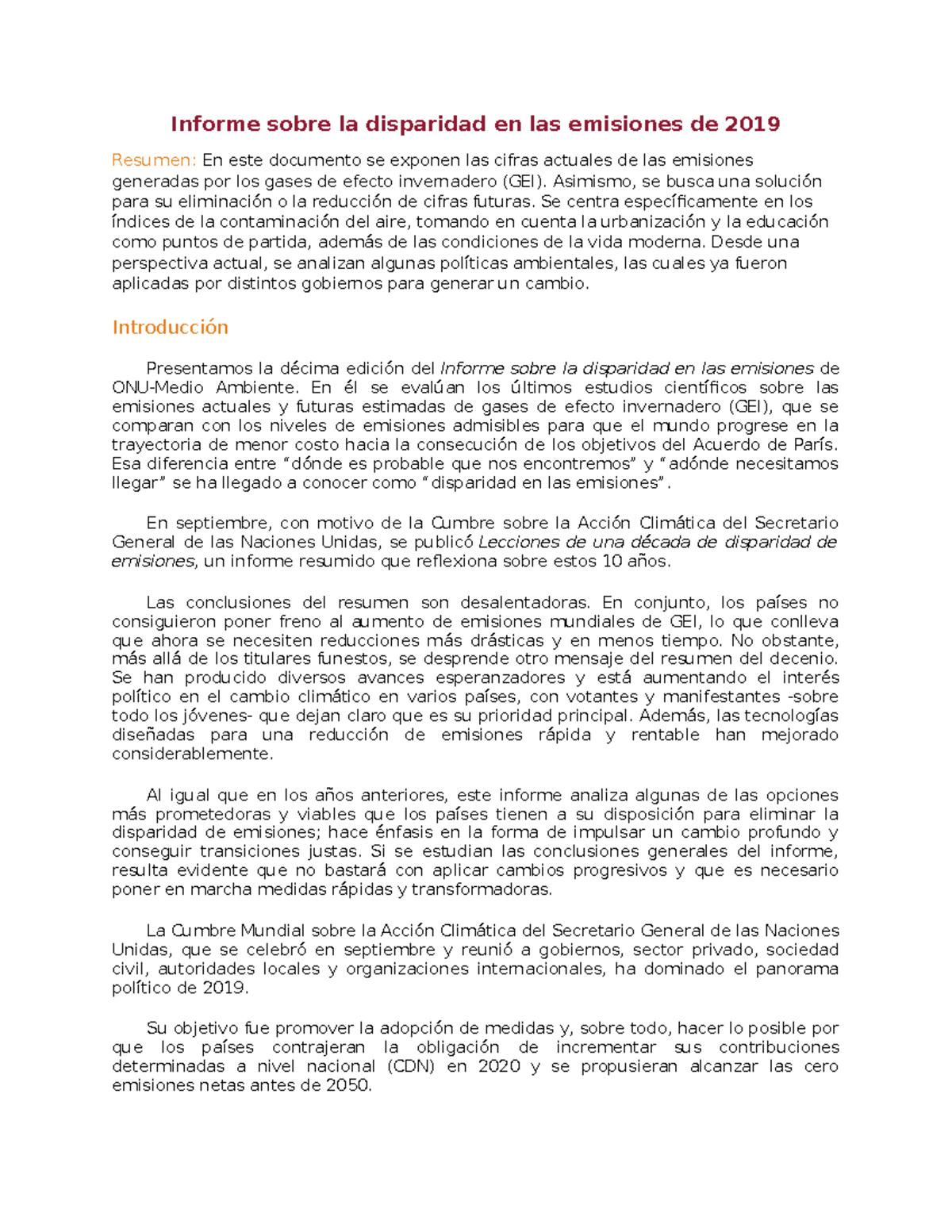 Informe sobre la disparidad en las emisiones de 2019 - Asimismo, se ...