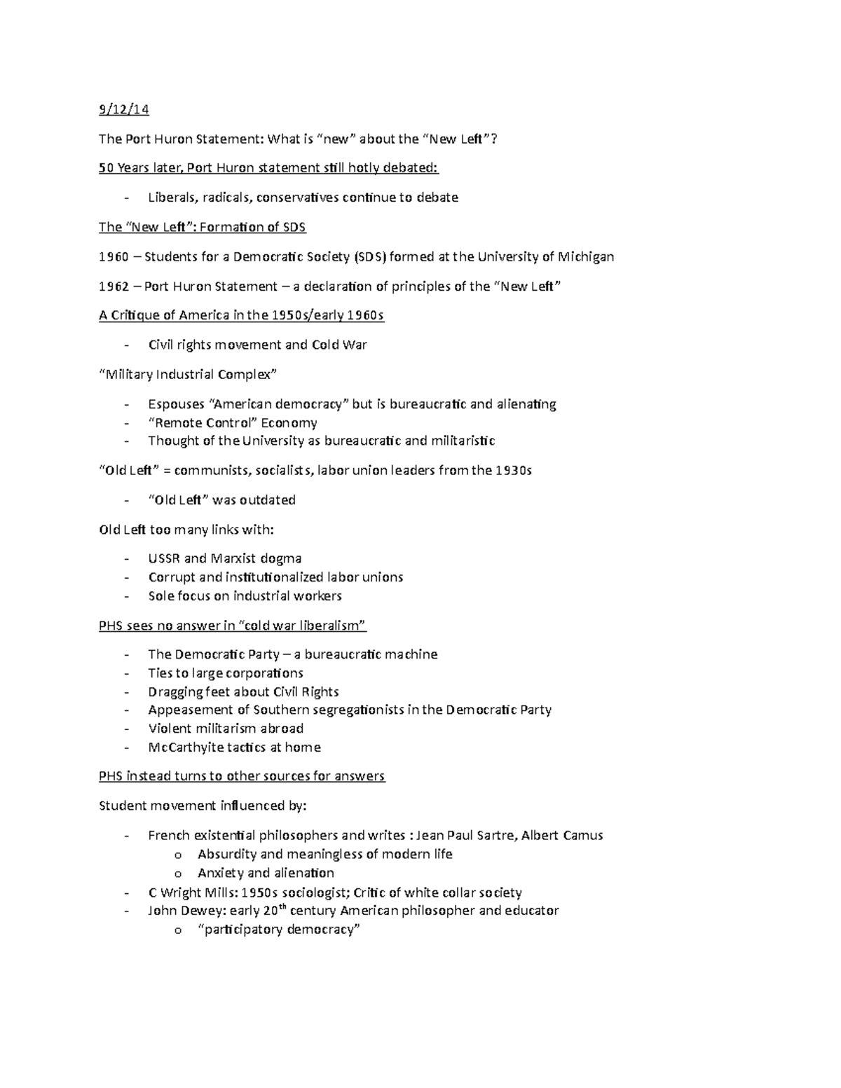 91214 Lecture notes 9/12/14 9/12/ The Port Huron Statement What is “new” about the “New