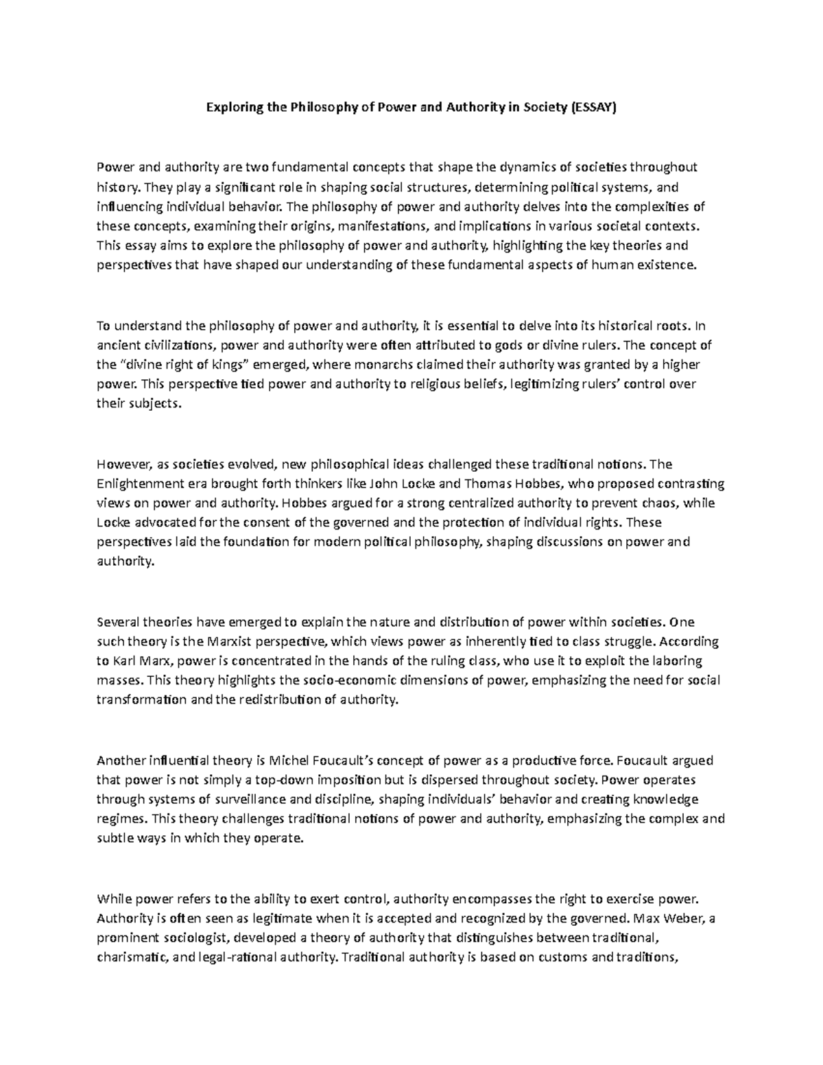 Exploring the Philosophy of Power and Authority in Society (Essay ...