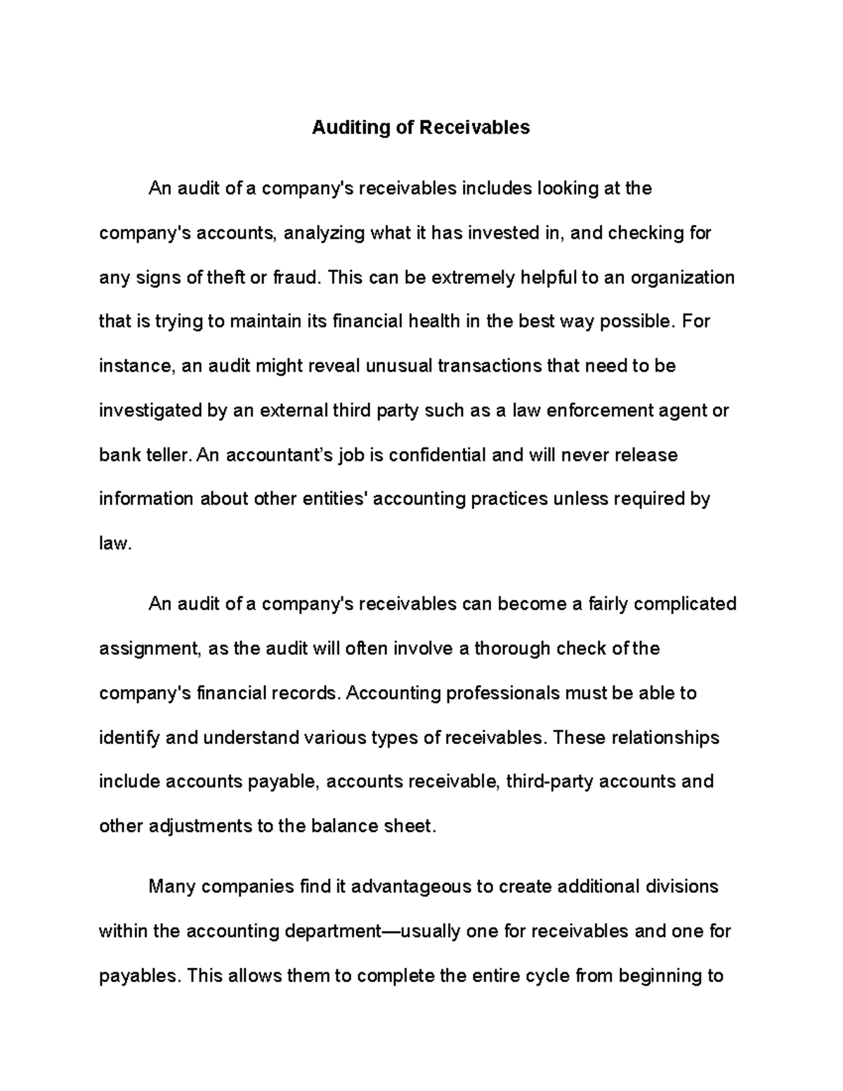 Auditing of Receivables Essay - Auditing of Receivables An audit of a ...
