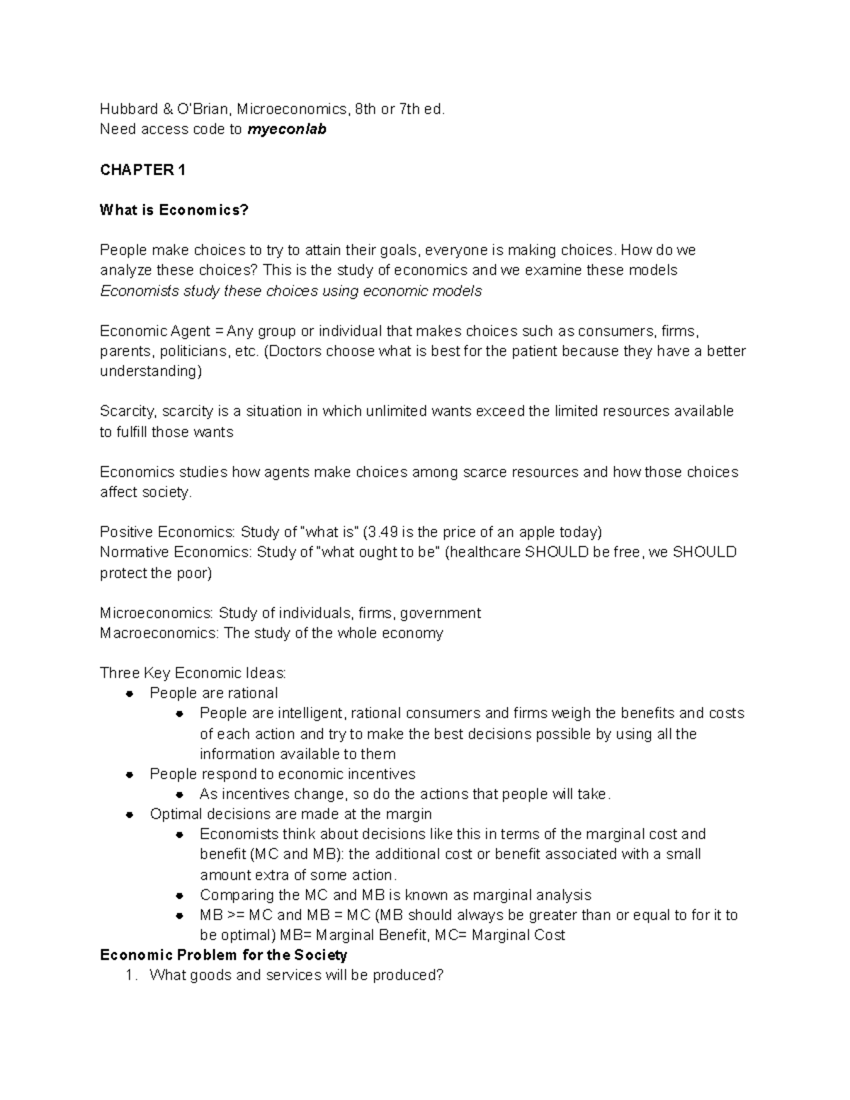 ECON 110 Chapter 1 Notes - Hubbard & O’Brian, Microeconomics, 8th or ...