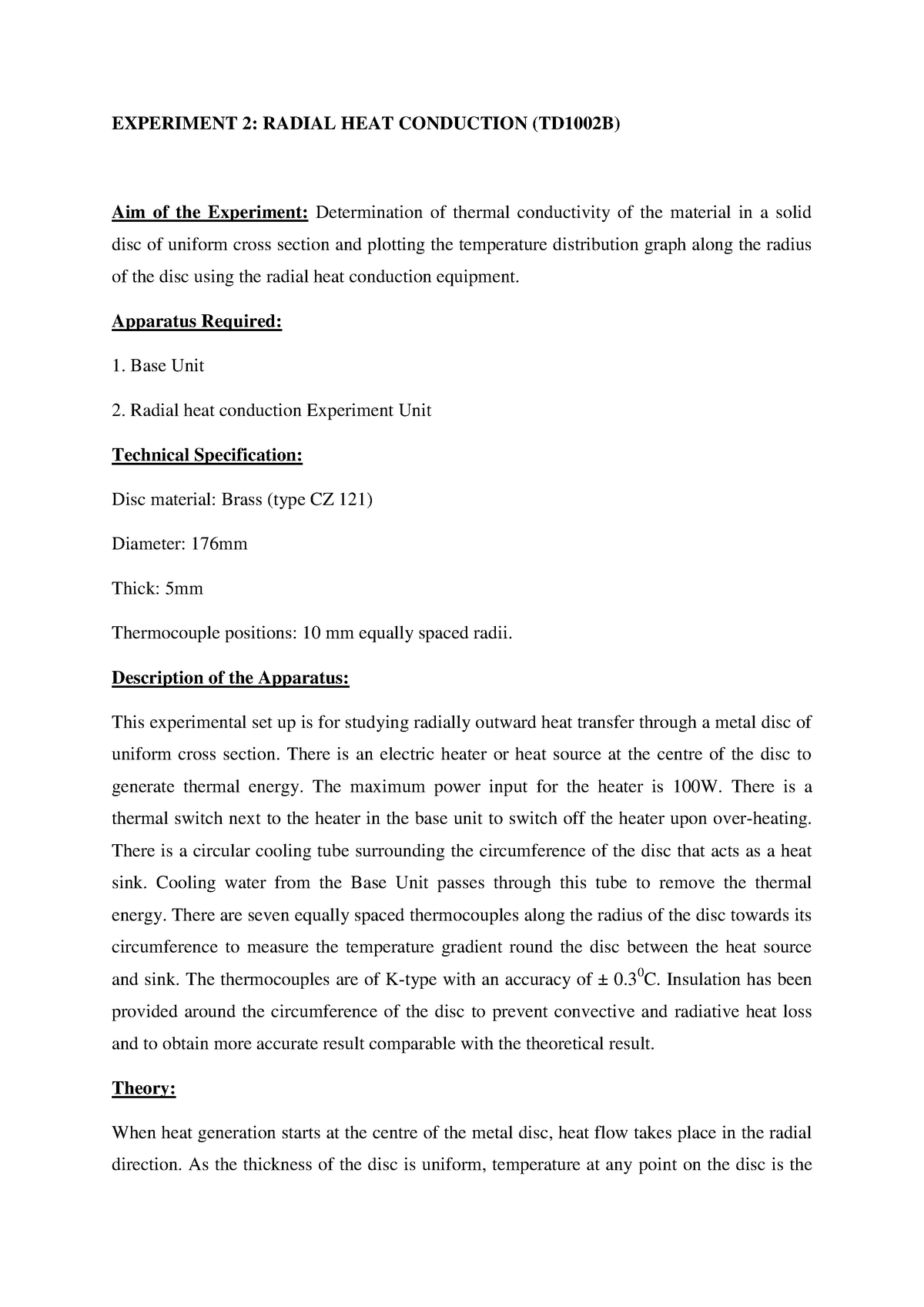 EXPERIMENT 2: RADIAL HEAT CONDUCTION (TD1002B) - Heat Transfer Lab ...